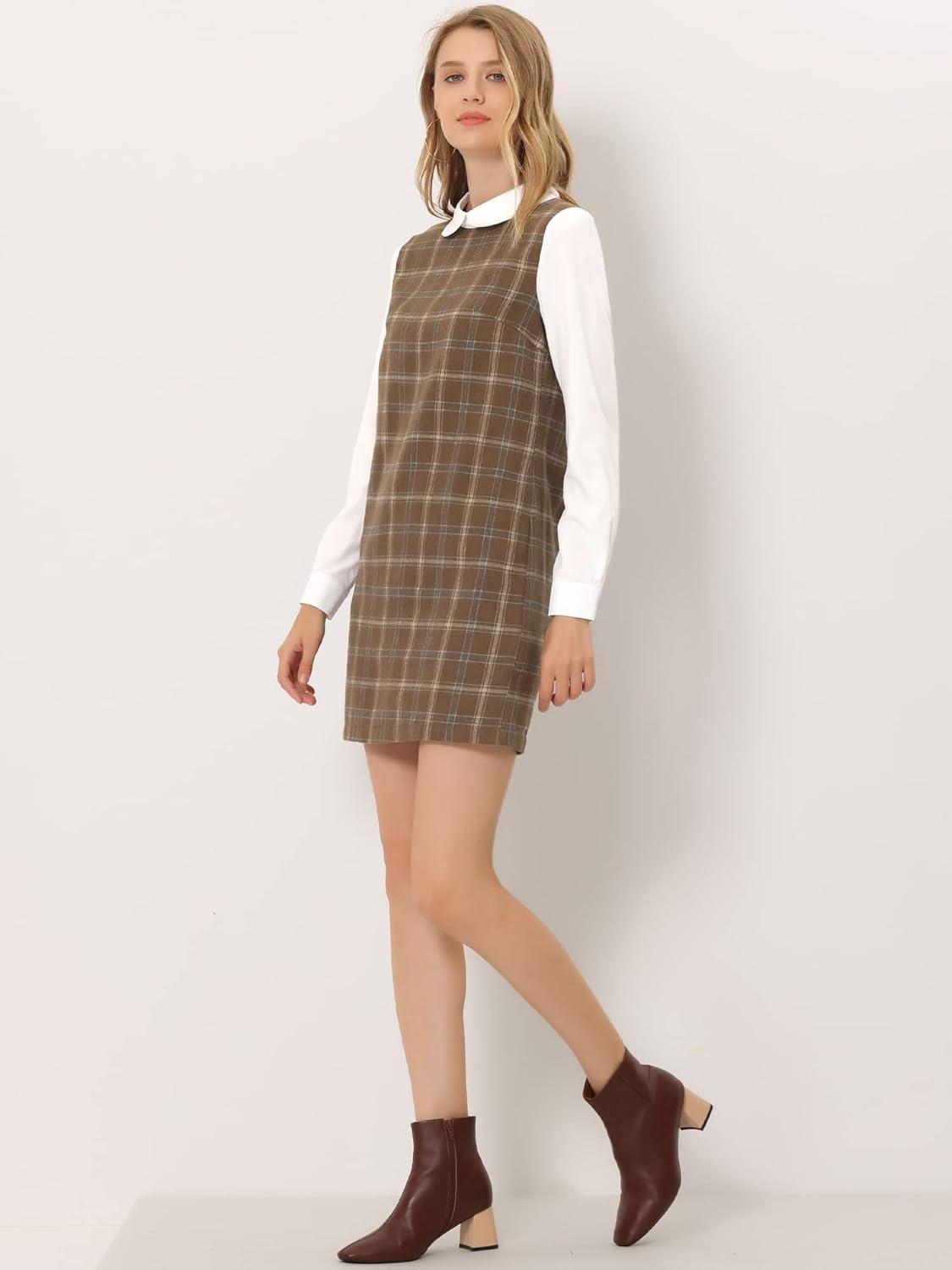 imageAllegra K Womens Peter Pan Dress 60s Clock Block Mini Long Sleeve DressesDark Brown