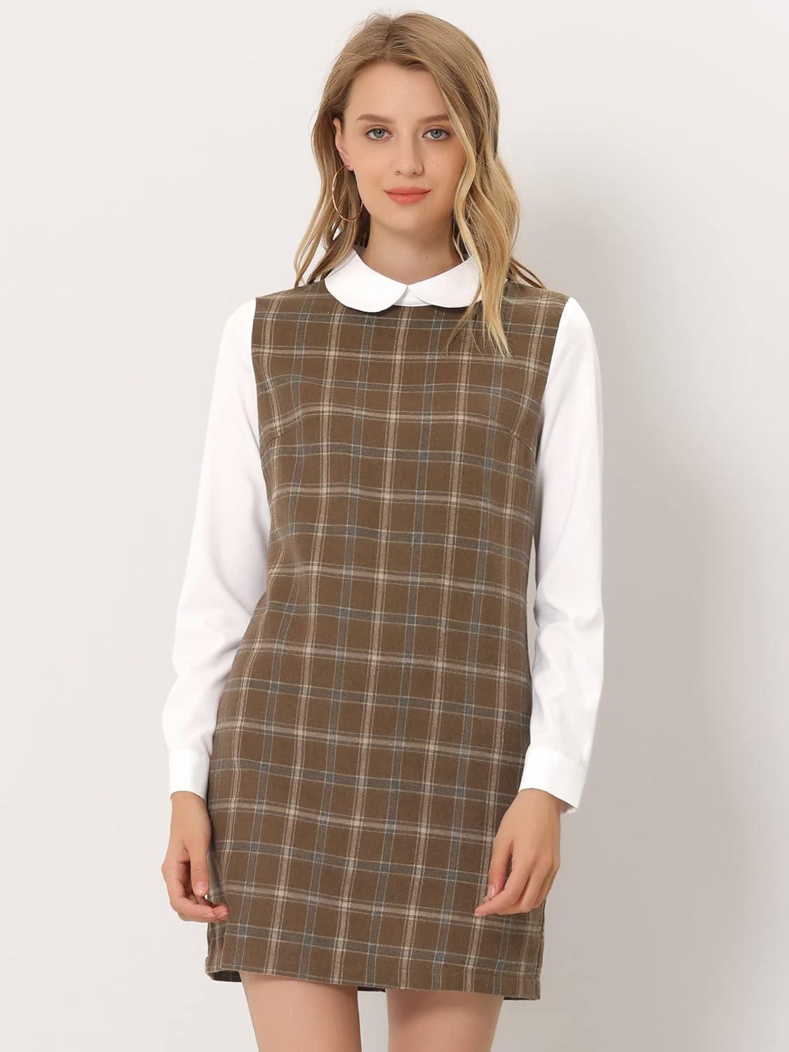 imageAllegra K Womens Peter Pan Dress 60s Clock Block Mini Long Sleeve DressesDark Brown
