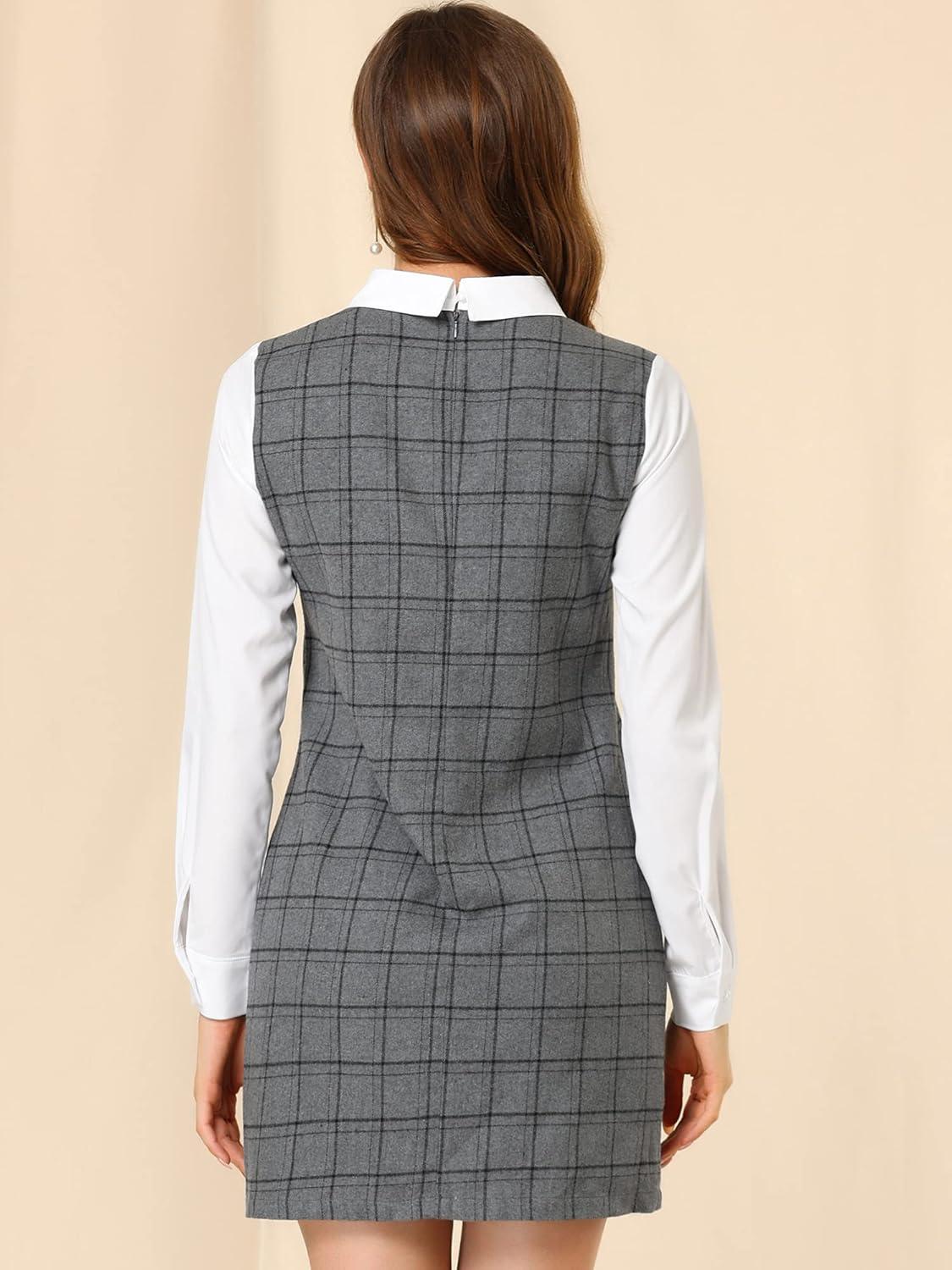 imageAllegra K Womens Peter Pan Dress 60s Clock Block Mini Long Sleeve DressesGrey