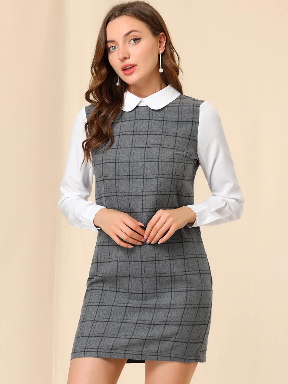 imageAllegra K Womens Peter Pan Dress 60s Clock Block Mini Long Sleeve DressesGrey
