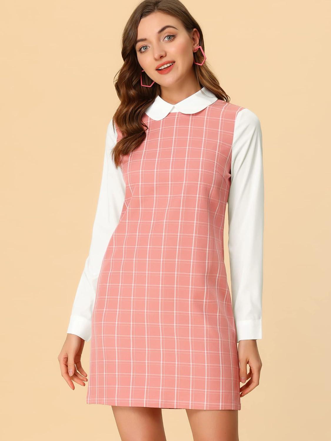 imageAllegra K Womens Peter Pan Dress 60s Clock Block Mini Long Sleeve DressesPink