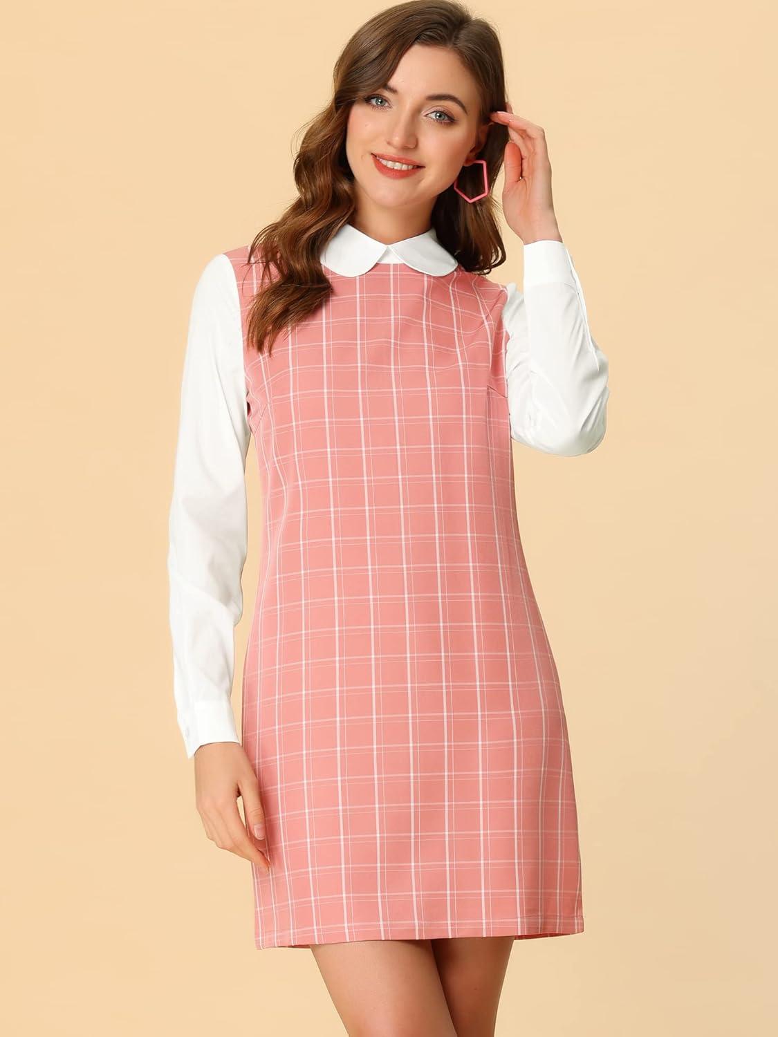 imageAllegra K Womens Peter Pan Dress 60s Clock Block Mini Long Sleeve DressesPink