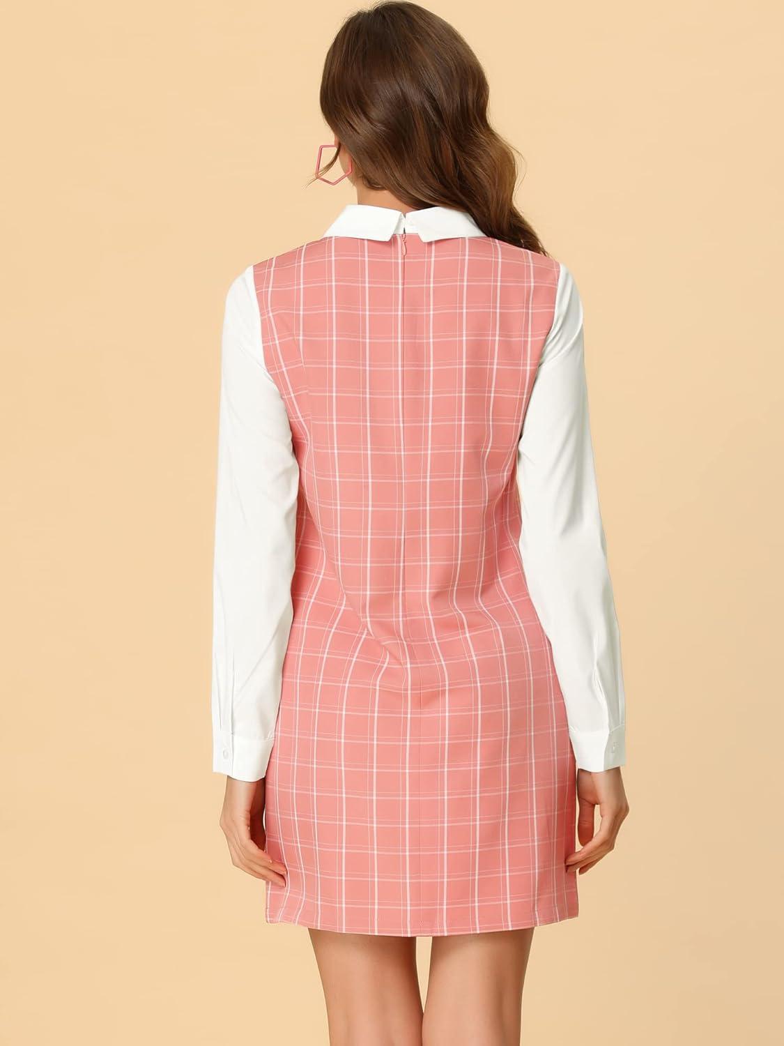 imageAllegra K Womens Peter Pan Dress 60s Clock Block Mini Long Sleeve DressesPink
