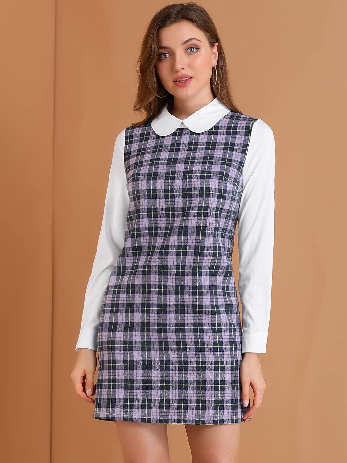imageAllegra K Womens Peter Pan Dress 60s Clock Block Mini Long Sleeve DressesPurple