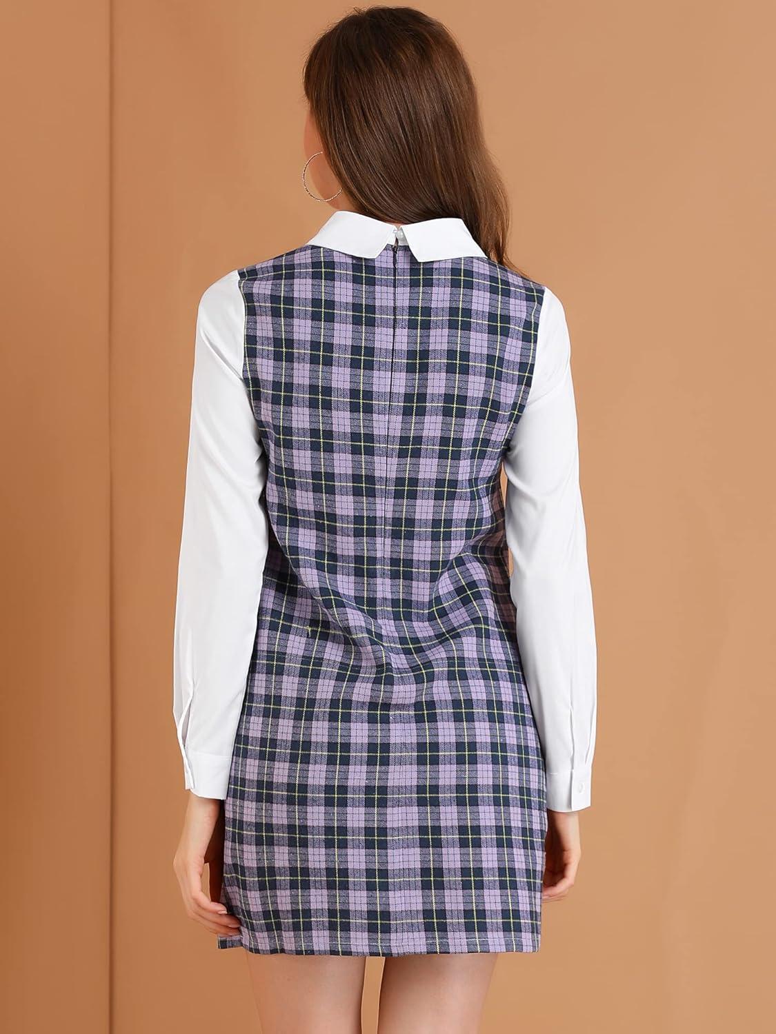 imageAllegra K Womens Peter Pan Dress 60s Clock Block Mini Long Sleeve DressesPurple