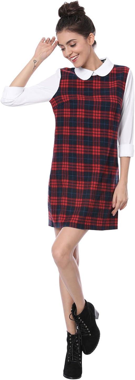 imageAllegra K Womens Peter Pan Dress 60s Clock Block Mini Long Sleeve DressesRed