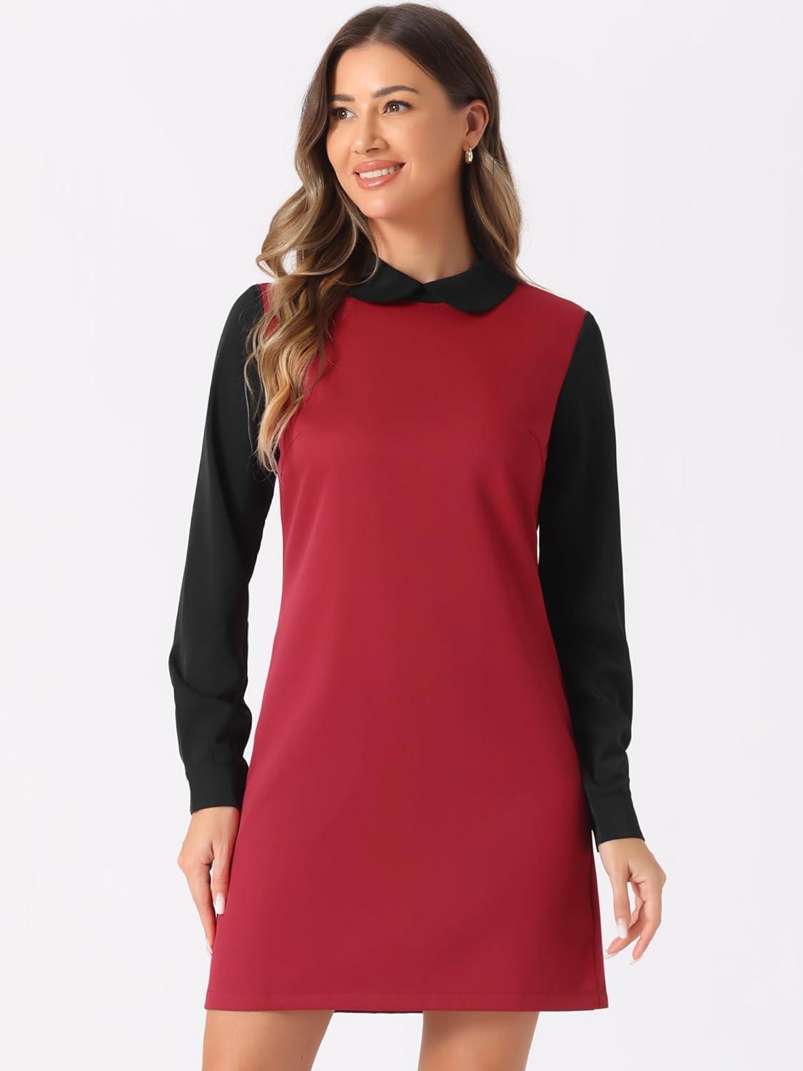 imageAllegra K Womens Peter Pan Dress 60s Clock Block Mini Long Sleeve DressesRed Solid