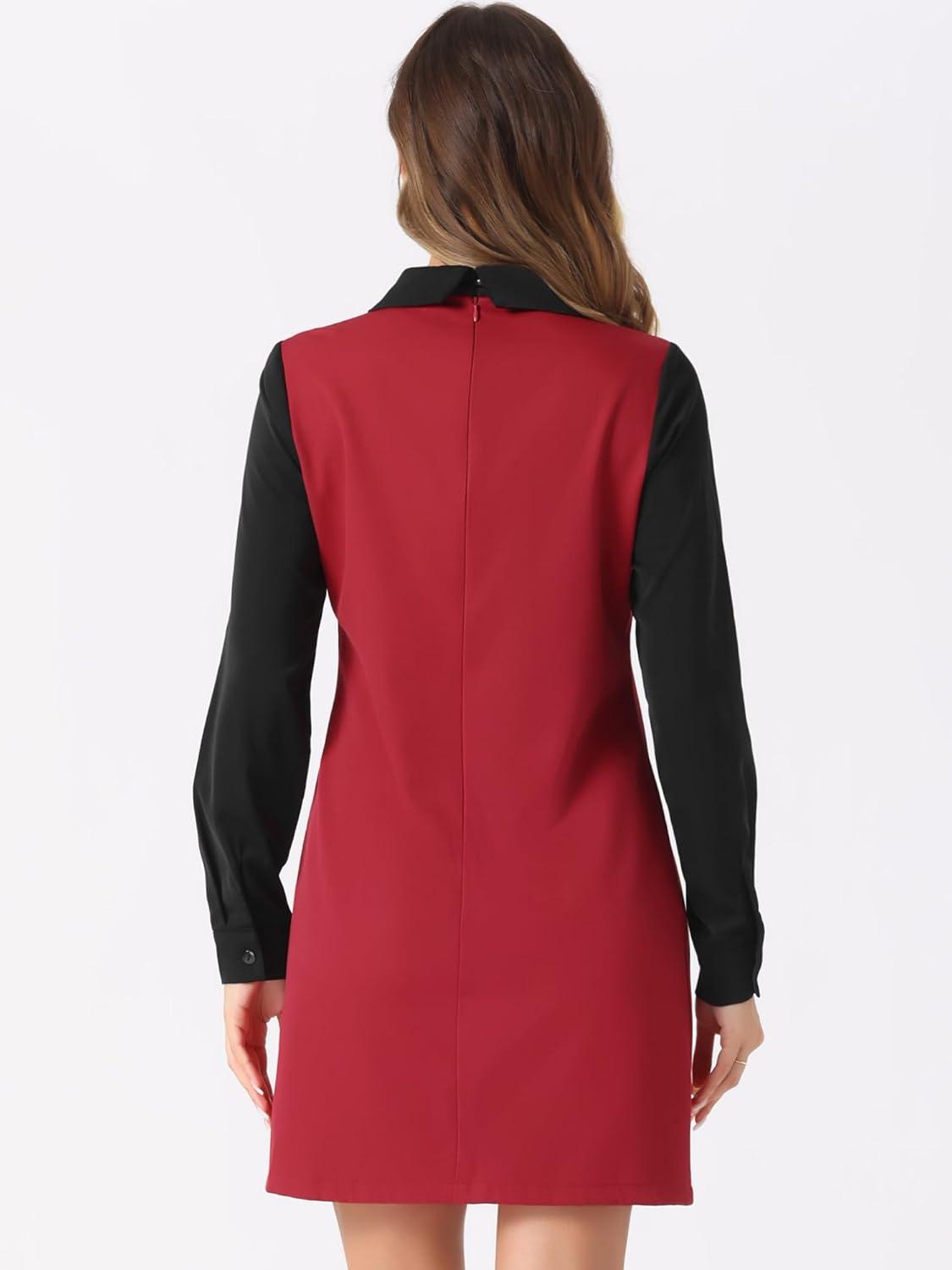 imageAllegra K Womens Peter Pan Dress 60s Clock Block Mini Long Sleeve DressesRed Solid