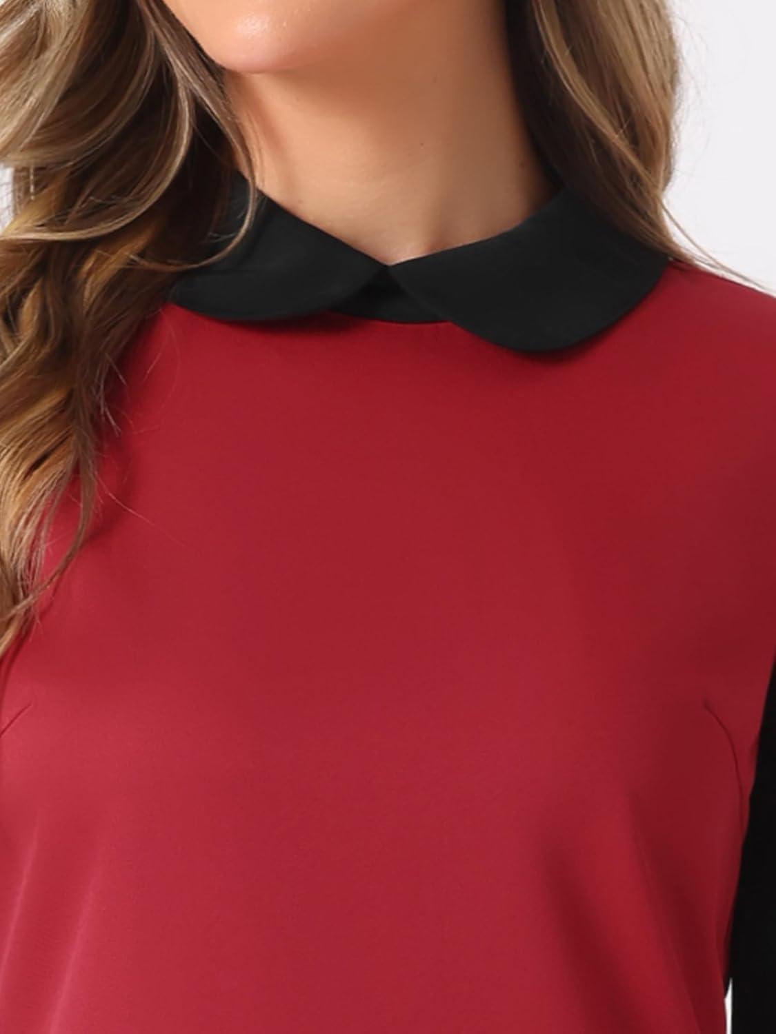 imageAllegra K Womens Peter Pan Dress 60s Clock Block Mini Long Sleeve DressesRed Solid