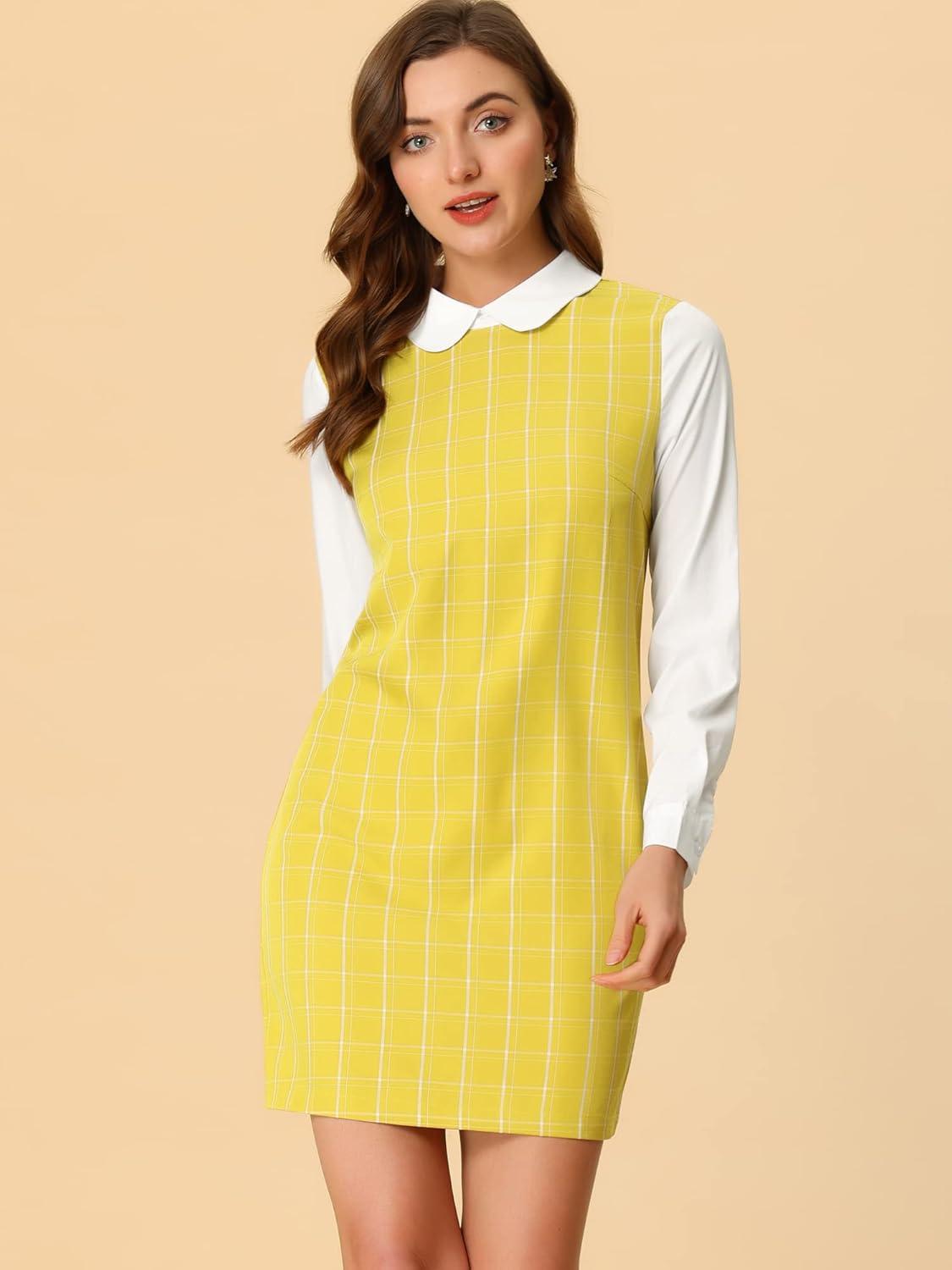 imageAllegra K Womens Peter Pan Dress 60s Clock Block Mini Long Sleeve DressesYellow