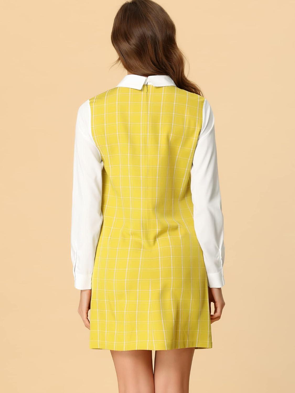 imageAllegra K Womens Peter Pan Dress 60s Clock Block Mini Long Sleeve DressesYellow