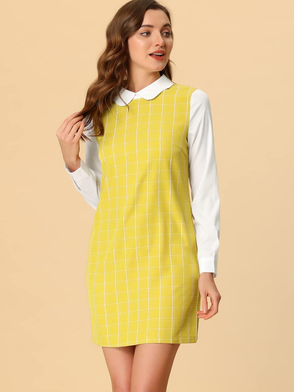 imageAllegra K Womens Peter Pan Dress 60s Clock Block Mini Long Sleeve DressesYellow