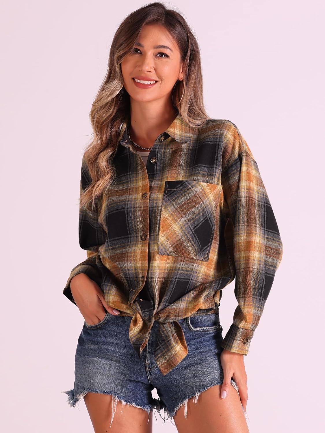 imageAllegra K Womens Plaid Shirt Long Sleeve Button Down Flannel Shirts Western Casual Work TopsBlack Caramel