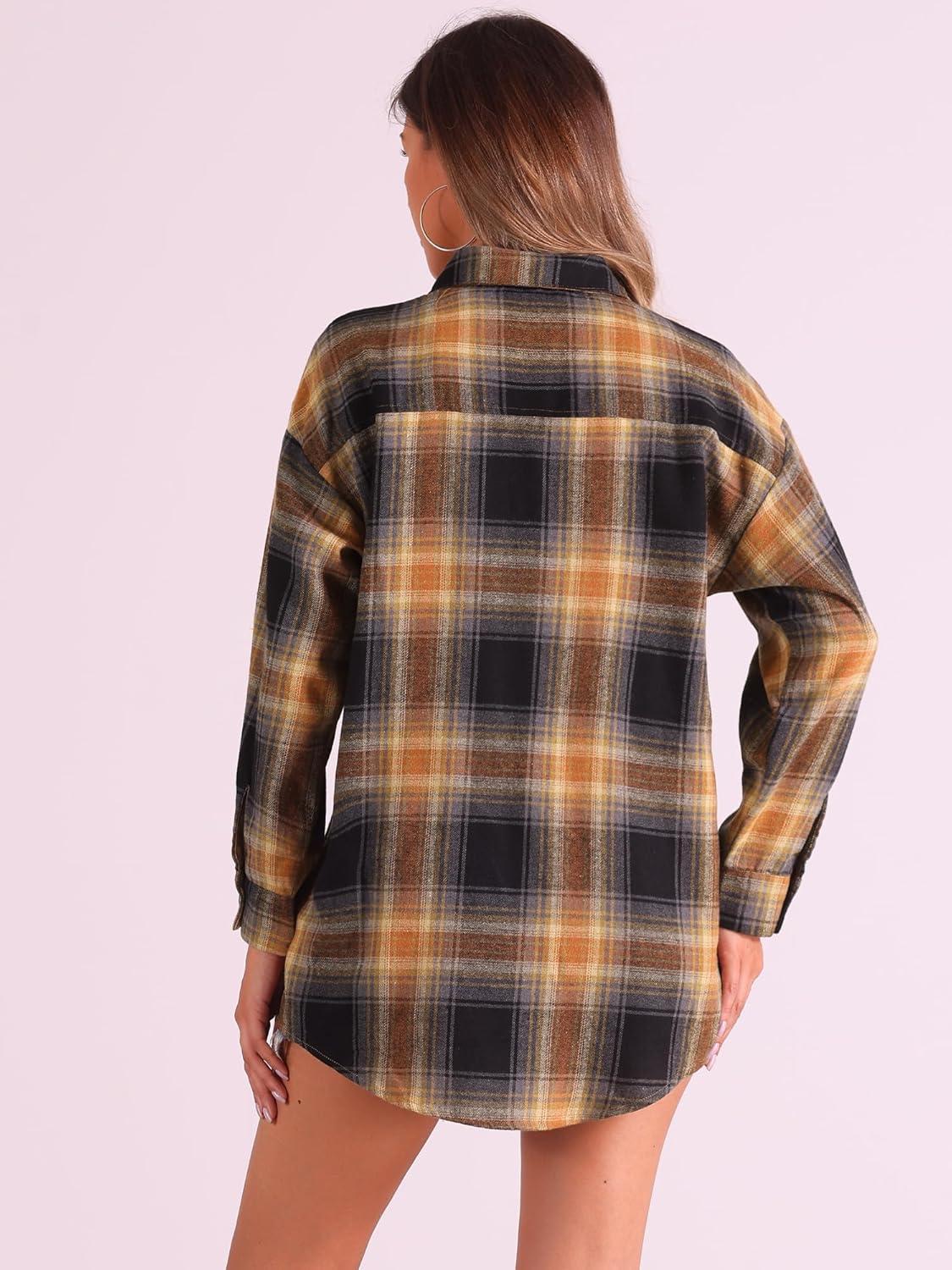 imageAllegra K Womens Plaid Shirt Long Sleeve Button Down Flannel Shirts Western Casual Work TopsBlack Caramel