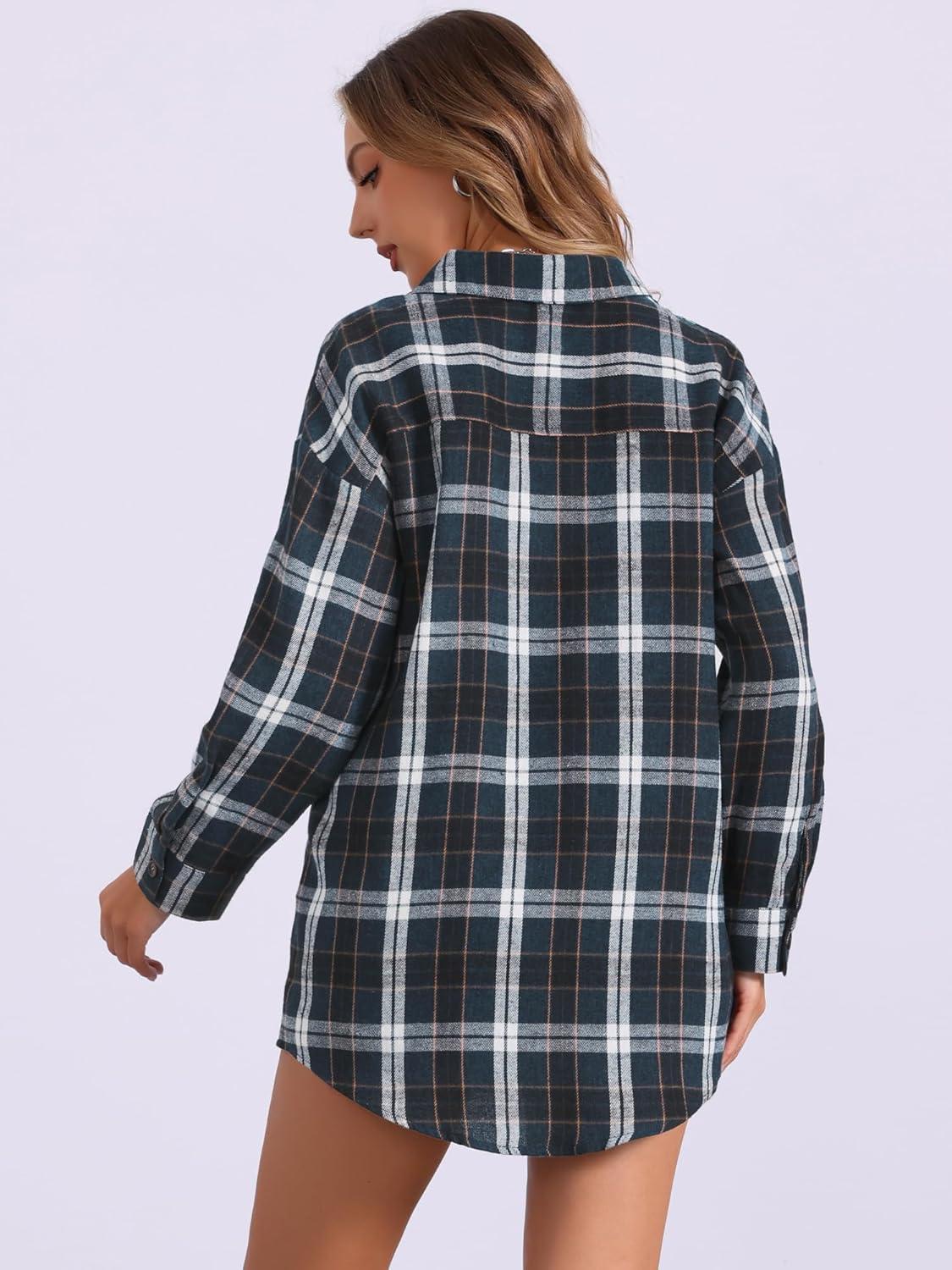 imageAllegra K Womens Plaid Shirt Long Sleeve Button Down Flannel Shirts Western Casual Work TopsBlue