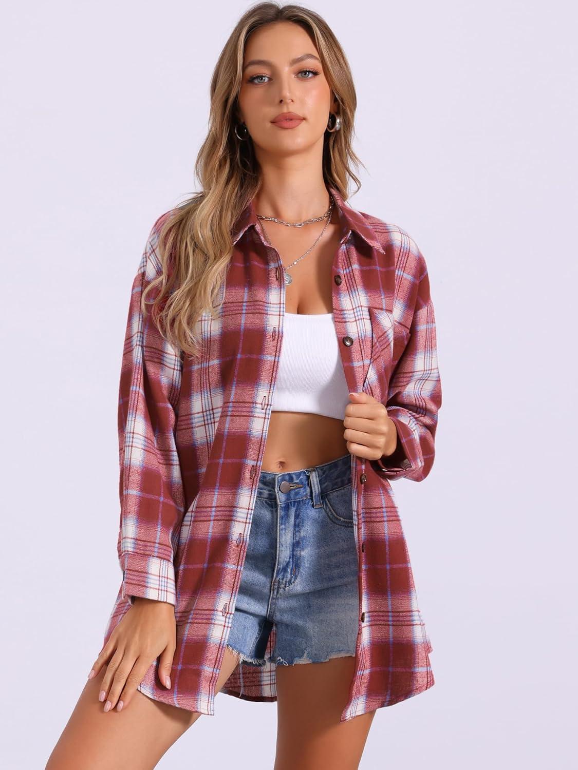 imageAllegra K Womens Plaid Shirt Long Sleeve Button Down Flannel Shirts Western Casual Work TopsDark Red