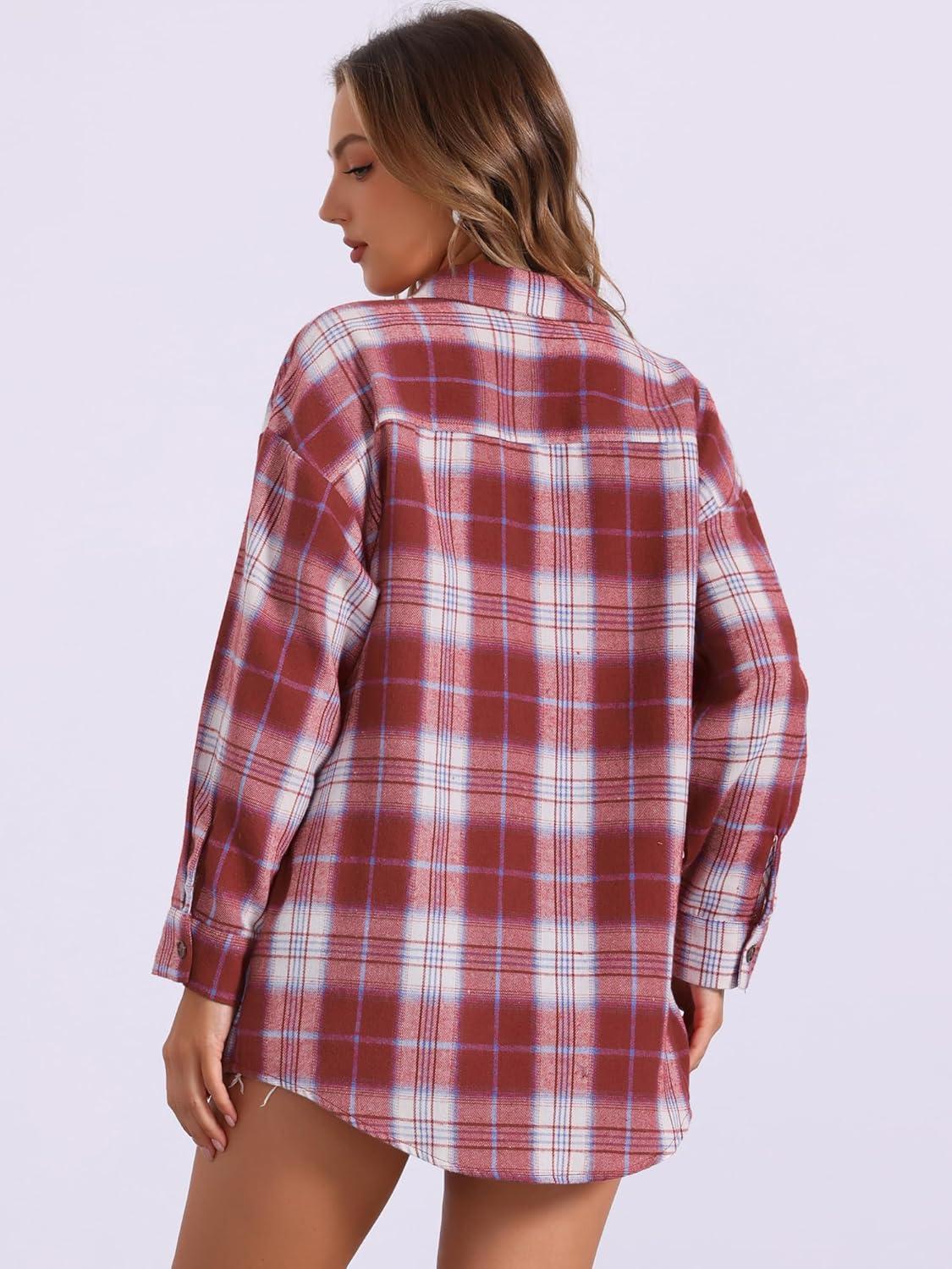 imageAllegra K Womens Plaid Shirt Long Sleeve Button Down Flannel Shirts Western Casual Work TopsDark Red