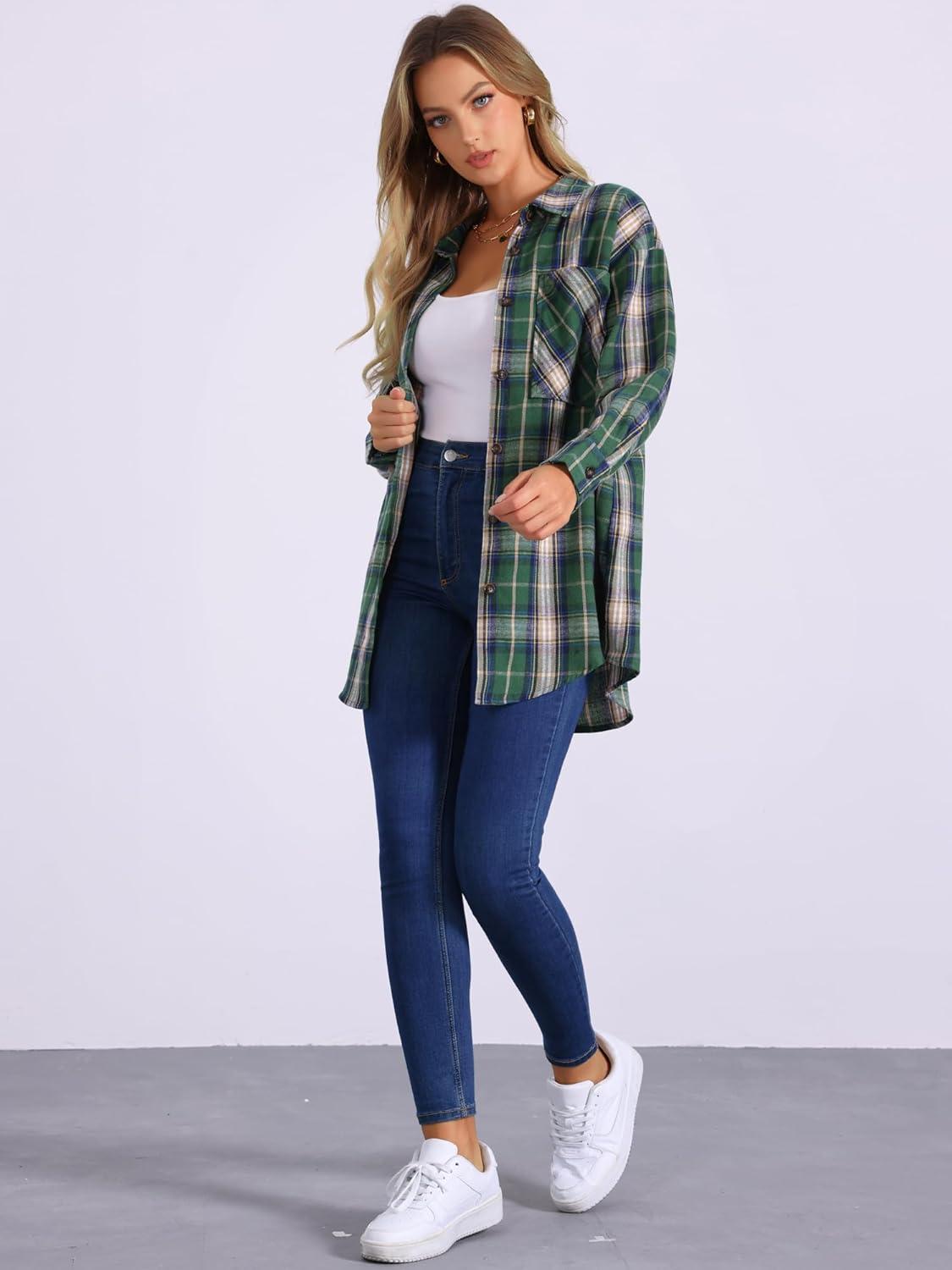 imageAllegra K Womens Plaid Shirt Long Sleeve Button Down Flannel Shirts Western Casual Work TopsGreen