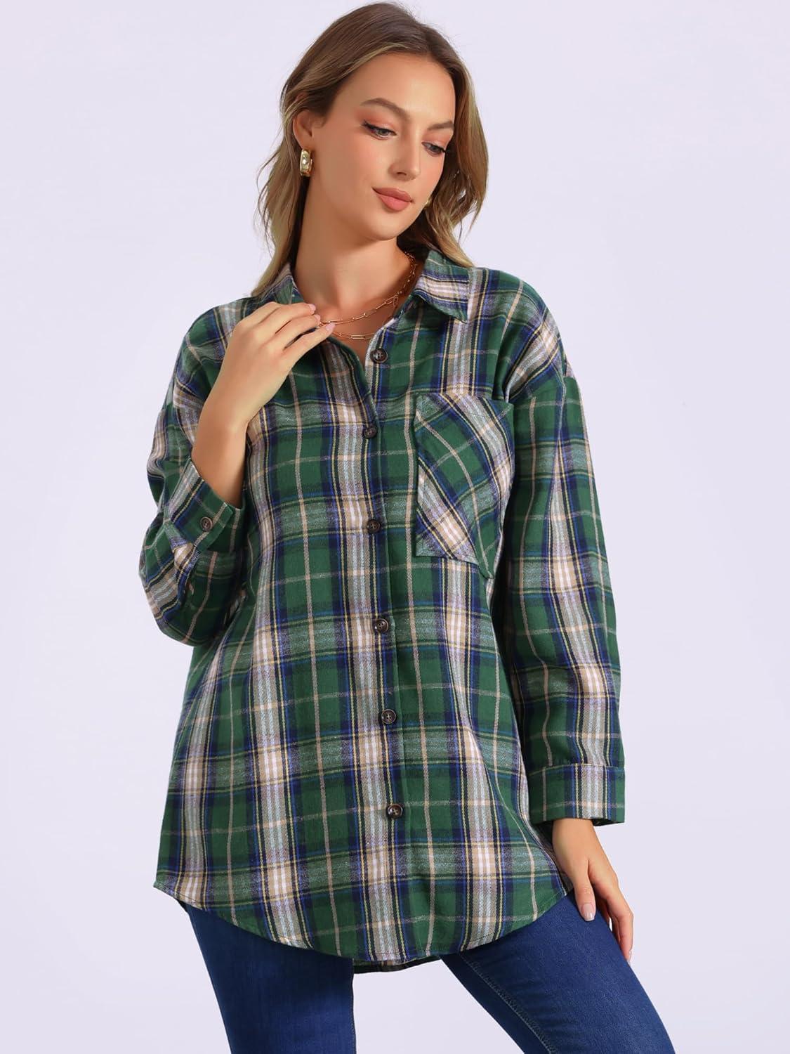 imageAllegra K Womens Plaid Shirt Long Sleeve Button Down Flannel Shirts Western Casual Work TopsGreen