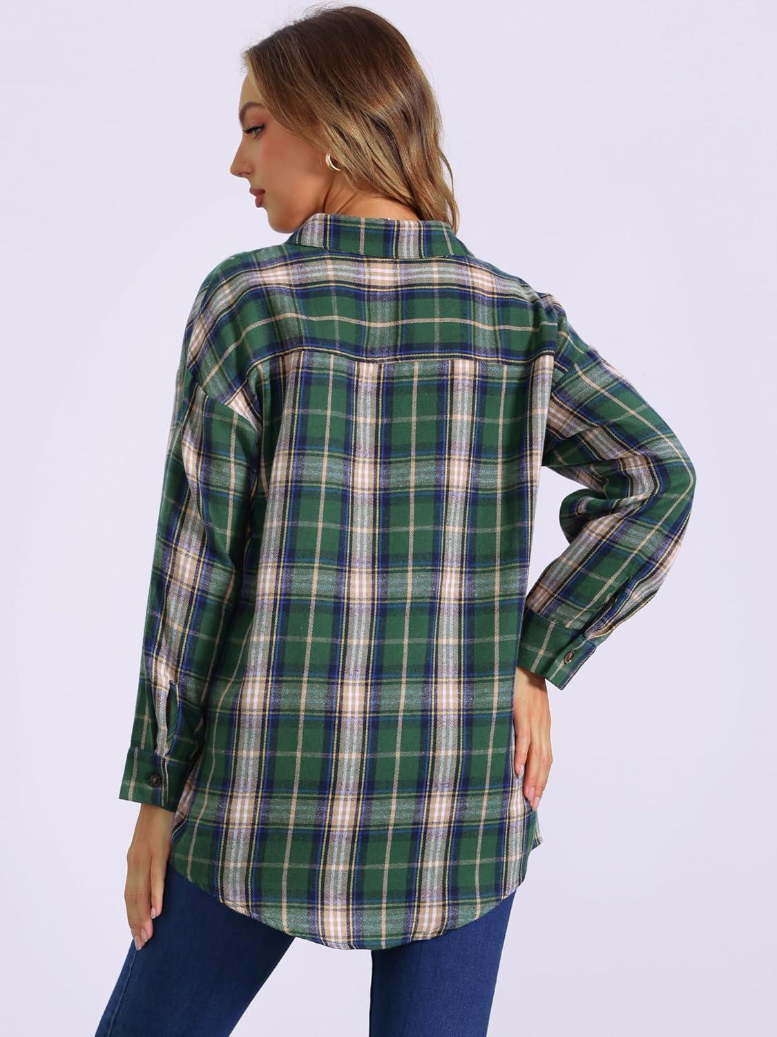 imageAllegra K Womens Plaid Shirt Long Sleeve Button Down Flannel Shirts Western Casual Work TopsGreen