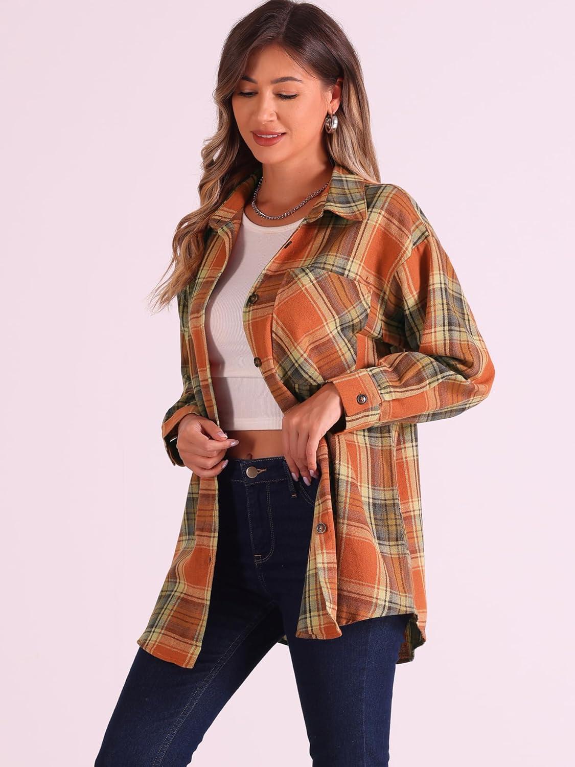 imageAllegra K Womens Plaid Shirt Long Sleeve Button Down Flannel Shirts Western Casual Work TopsOrange