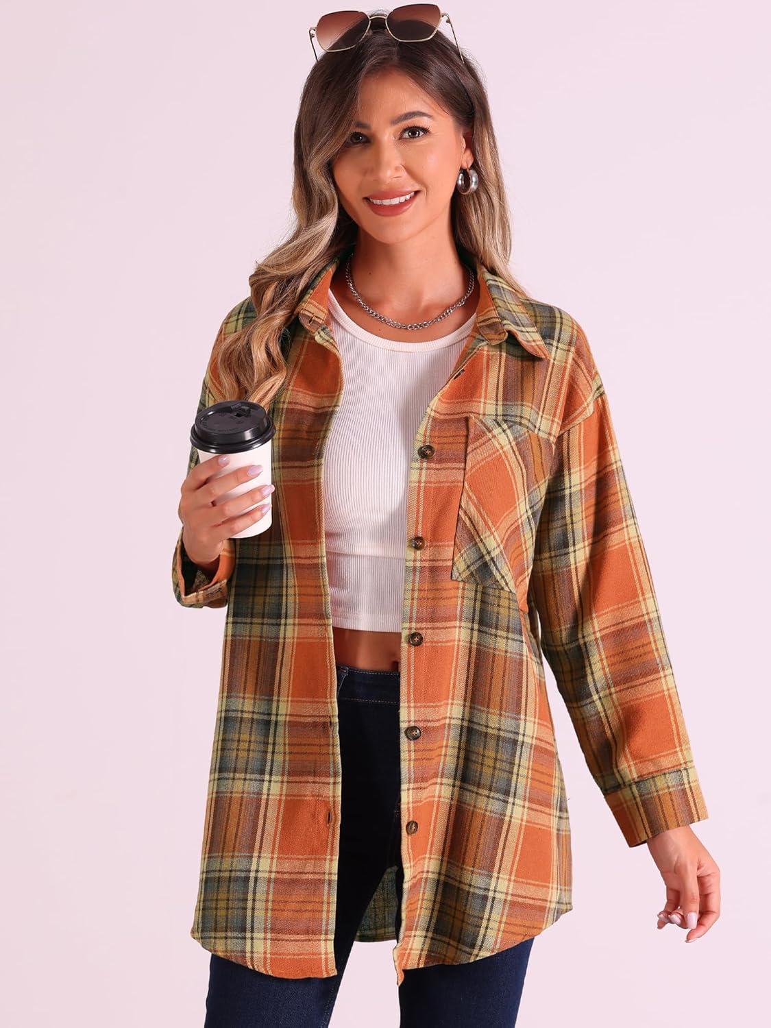 imageAllegra K Womens Plaid Shirt Long Sleeve Button Down Flannel Shirts Western Casual Work TopsOrange