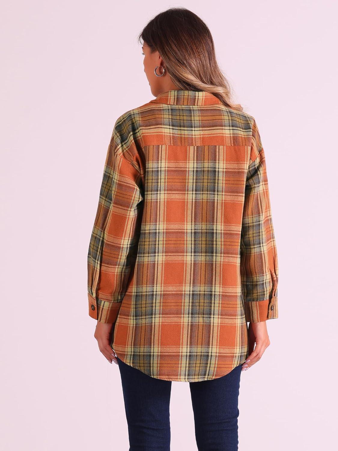 imageAllegra K Womens Plaid Shirt Long Sleeve Button Down Flannel Shirts Western Casual Work TopsOrange