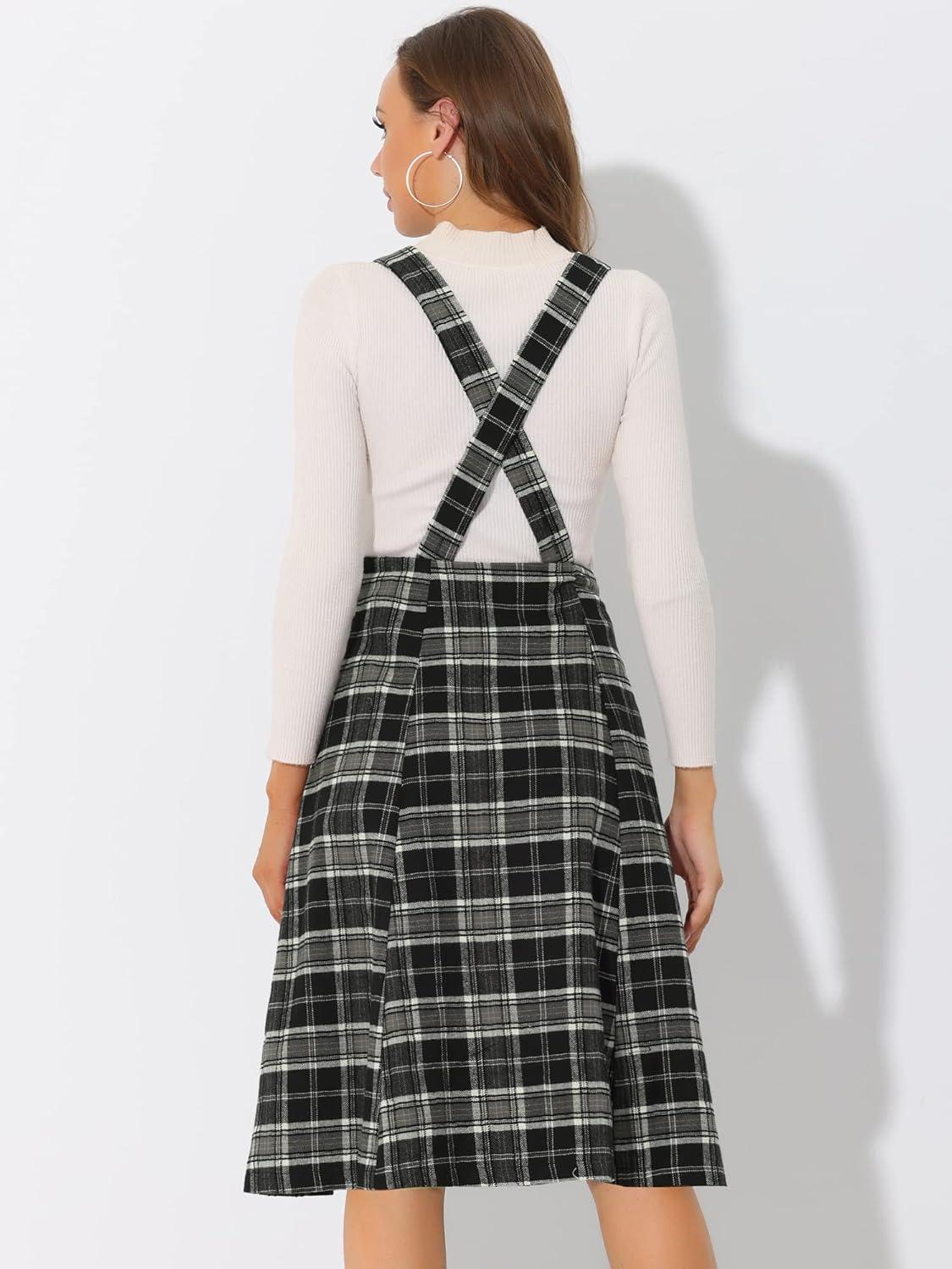 imageAllegra K Womens Plaid Suspender Skirts Vintage Tartan High Waist ALine Midi Overall SkirtBlack