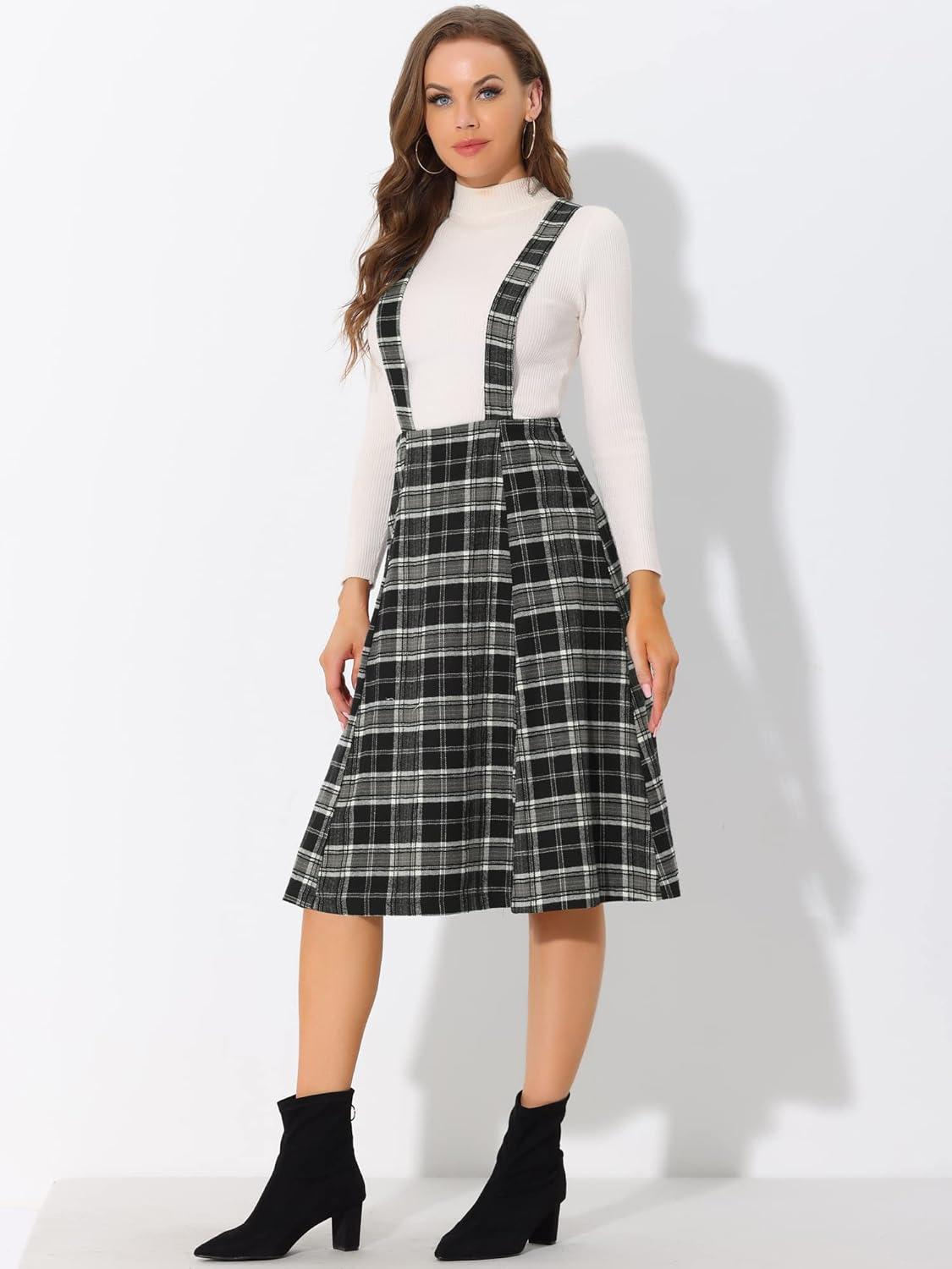 imageAllegra K Womens Plaid Suspender Skirts Vintage Tartan High Waist ALine Midi Overall SkirtBlack