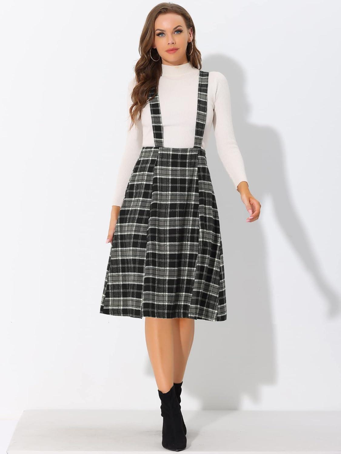 imageAllegra K Womens Plaid Suspender Skirts Vintage Tartan High Waist ALine Midi Overall SkirtBlack