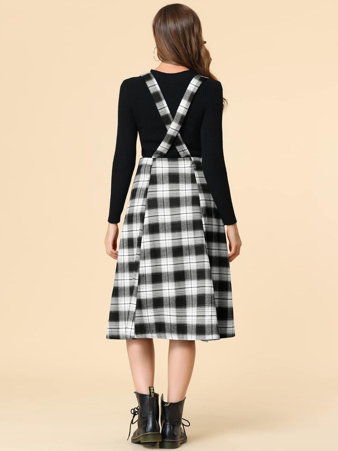 imageAllegra K Womens Plaid Suspender Skirts Vintage Tartan High Waist ALine Midi Overall SkirtBlack Plaid