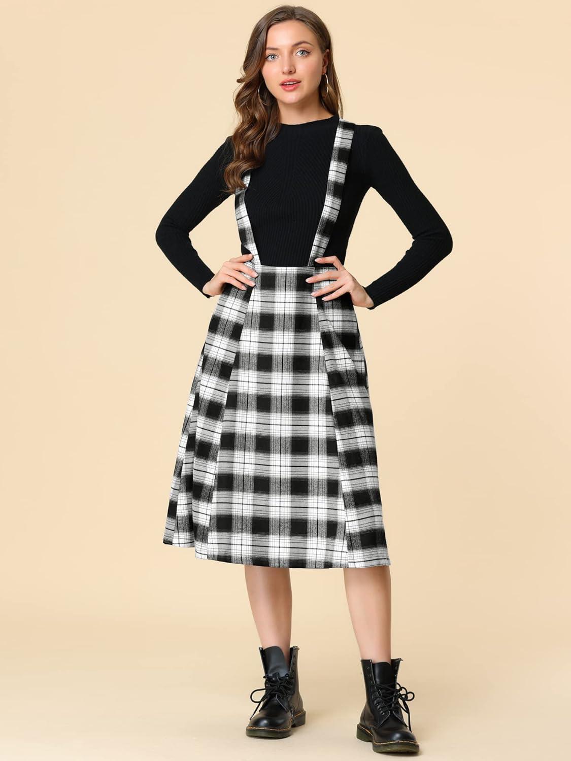 imageAllegra K Womens Plaid Suspender Skirts Vintage Tartan High Waist ALine Midi Overall SkirtBlack Plaid
