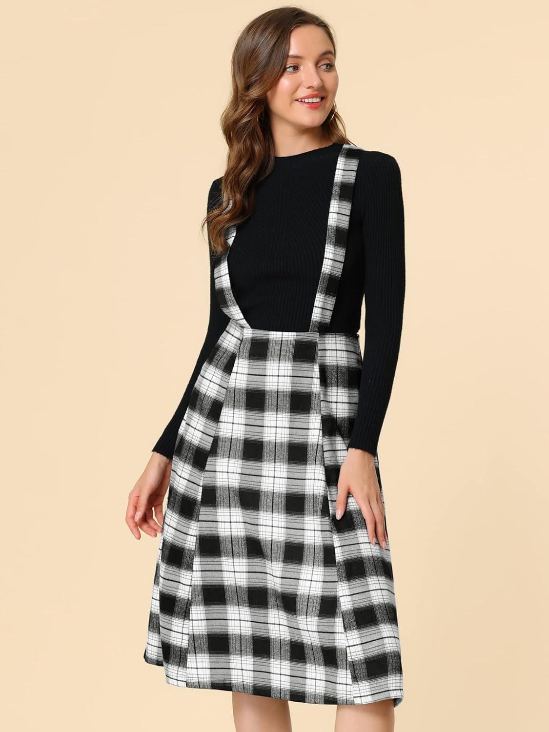 imageAllegra K Womens Plaid Suspender Skirts Vintage Tartan High Waist ALine Midi Overall SkirtBlack Plaid