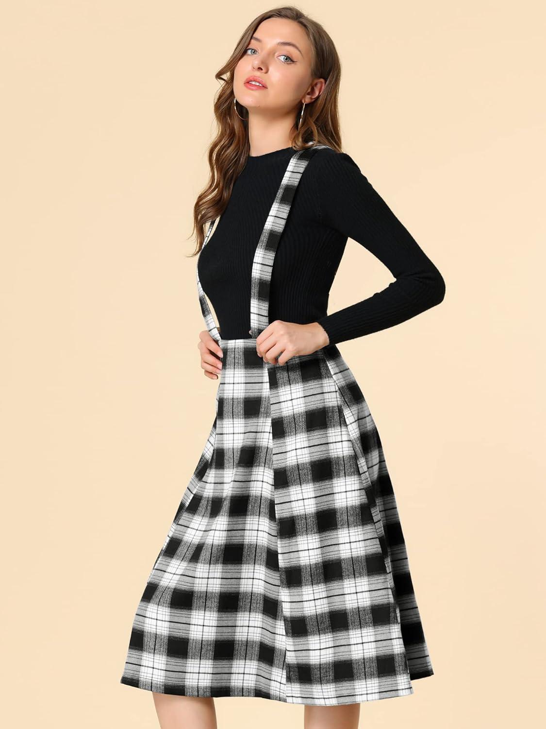 imageAllegra K Womens Plaid Suspender Skirts Vintage Tartan High Waist ALine Midi Overall SkirtBlack Plaid