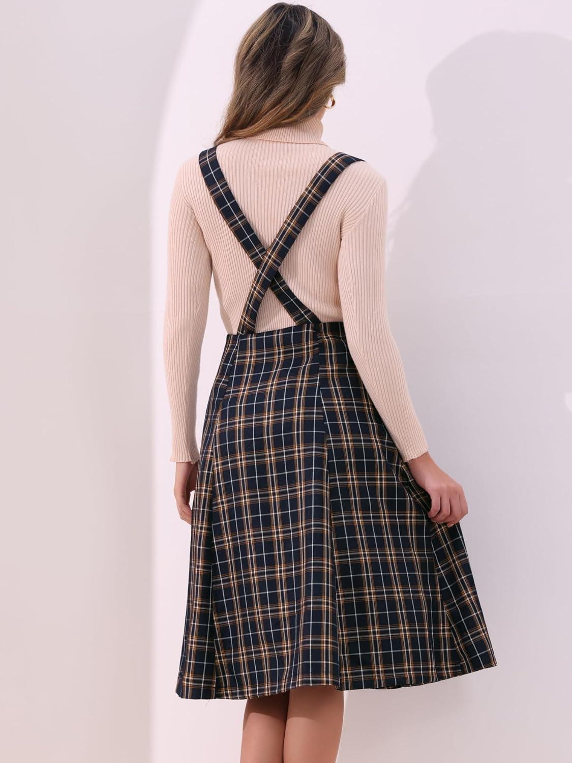 imageAllegra K Womens Plaid Suspender Skirts Vintage Tartan High Waist ALine Midi Overall SkirtBlue Plaid