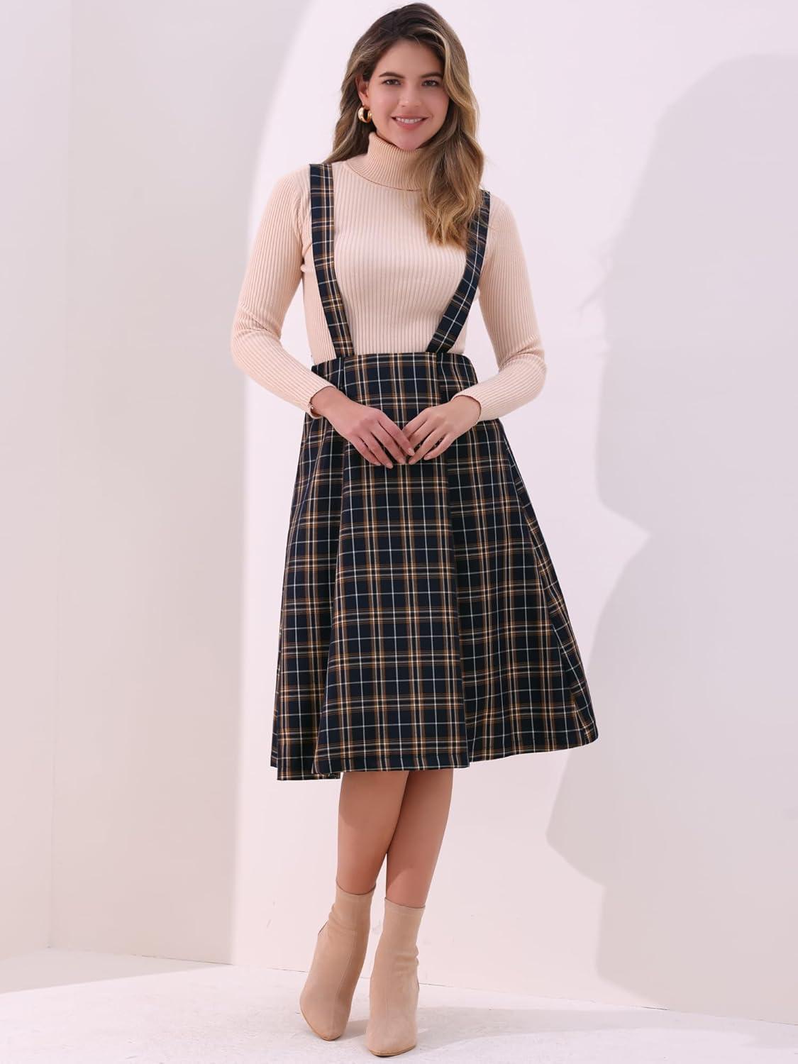 imageAllegra K Womens Plaid Suspender Skirts Vintage Tartan High Waist ALine Midi Overall SkirtBlue Plaid
