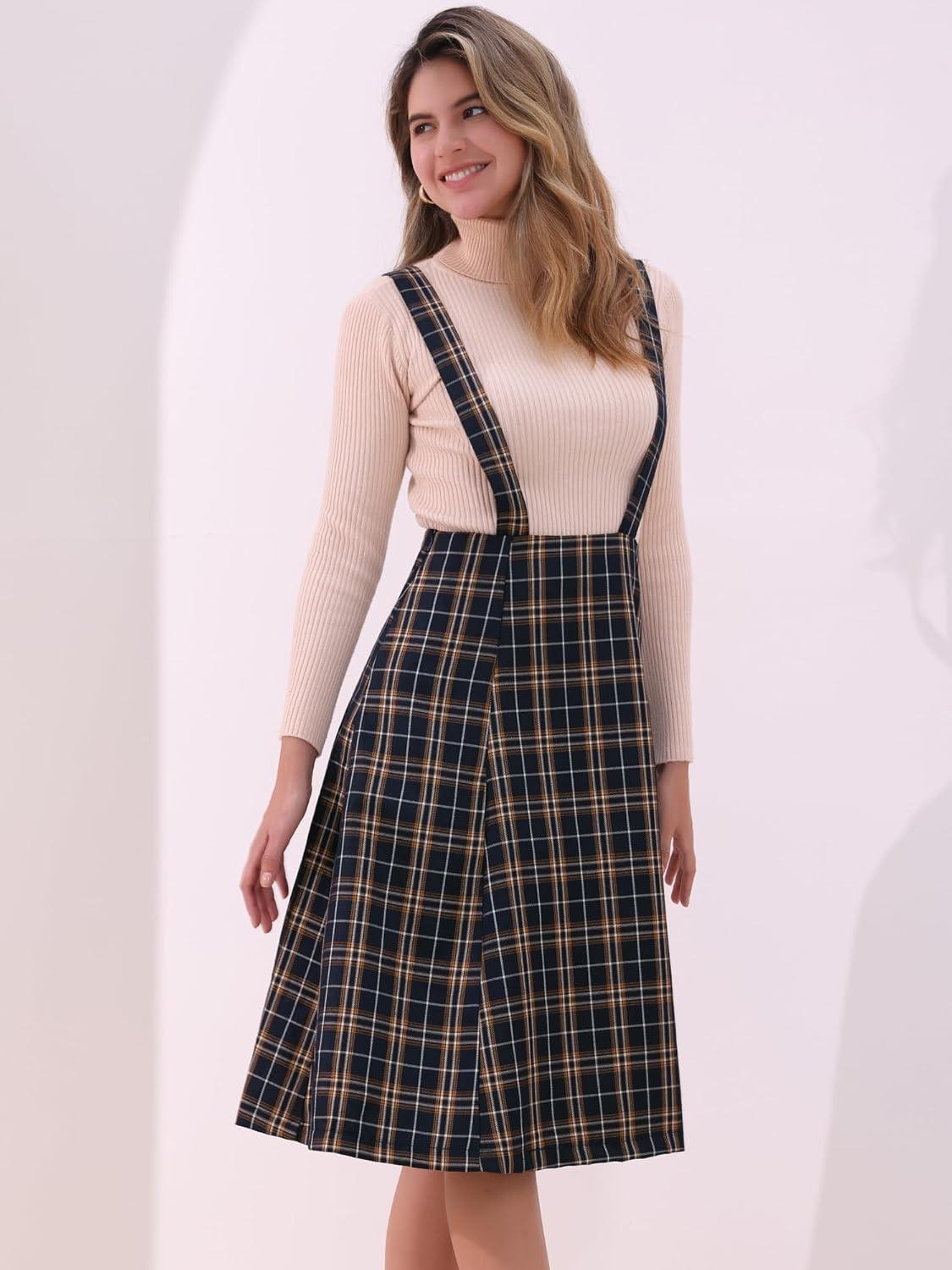 imageAllegra K Womens Plaid Suspender Skirts Vintage Tartan High Waist ALine Midi Overall SkirtBlue Plaid