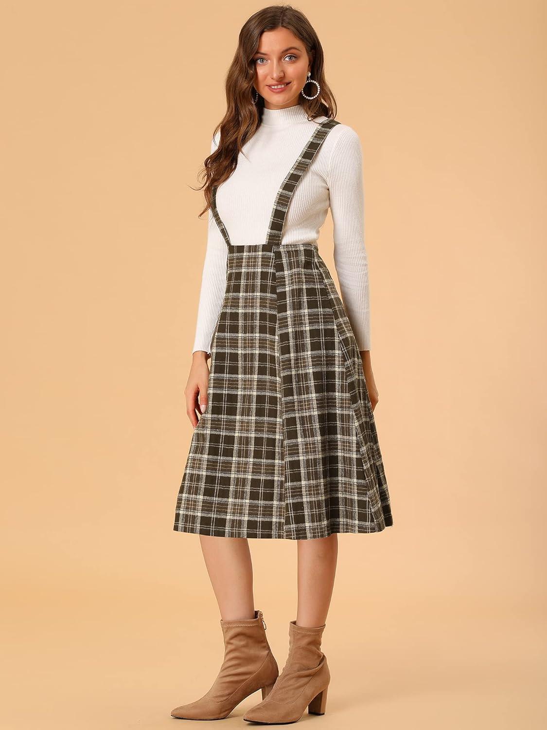 imageAllegra K Womens Plaid Suspender Skirts Vintage Tartan High Waist ALine Midi Overall SkirtBrown Plaid