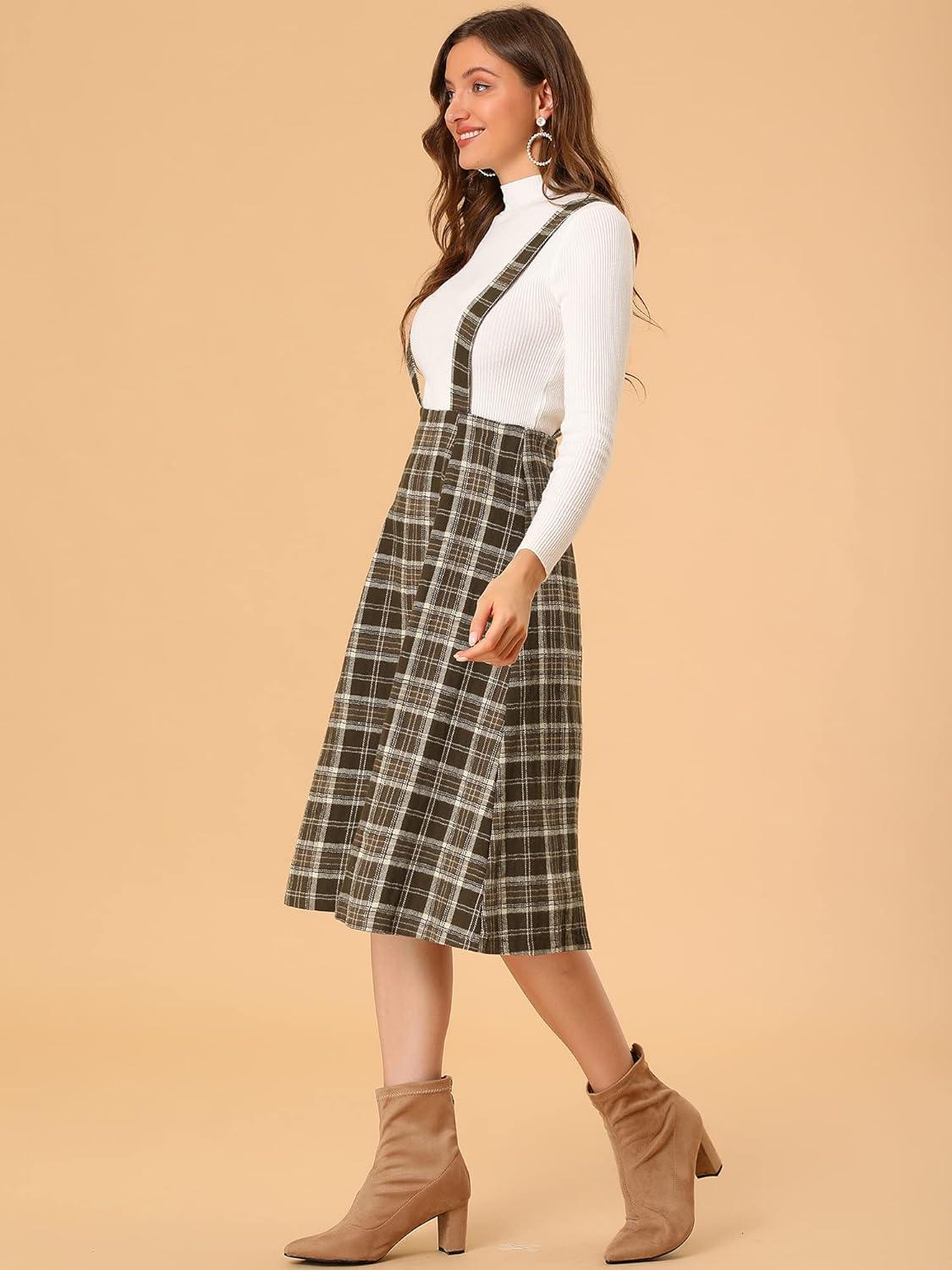 imageAllegra K Womens Plaid Suspender Skirts Vintage Tartan High Waist ALine Midi Overall SkirtBrown Plaid