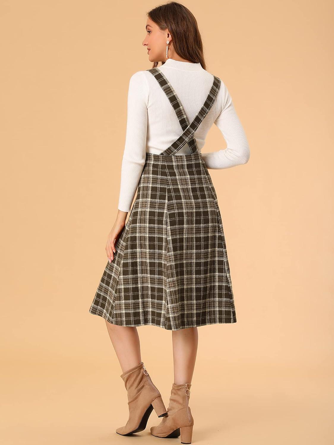 imageAllegra K Womens Plaid Suspender Skirts Vintage Tartan High Waist ALine Midi Overall SkirtBrown Plaid