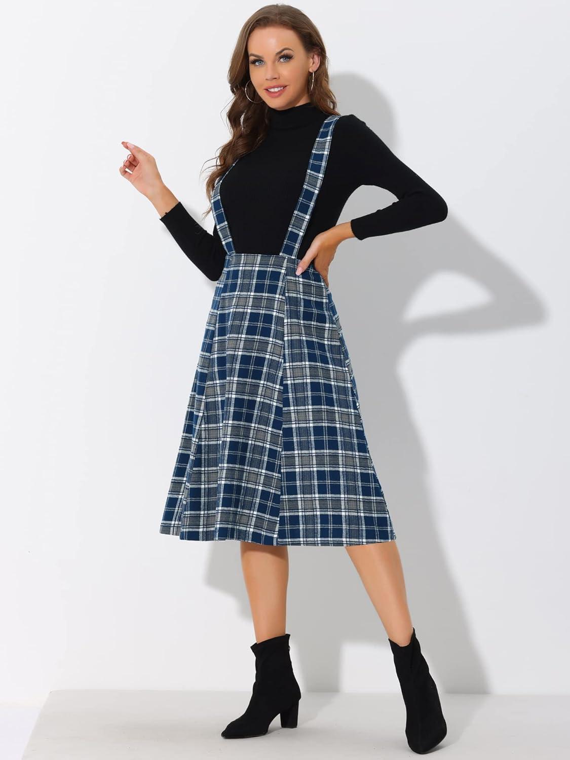 imageAllegra K Womens Plaid Suspender Skirts Vintage Tartan High Waist ALine Midi Overall SkirtDark Blue