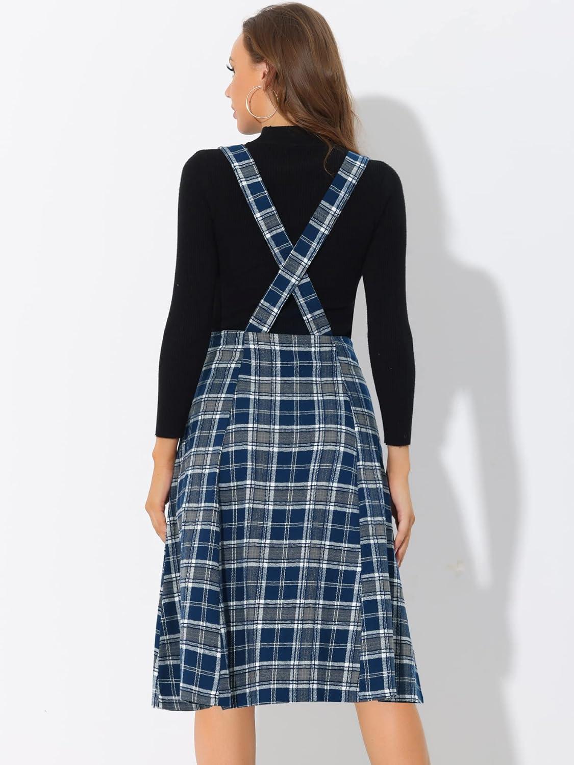 imageAllegra K Womens Plaid Suspender Skirts Vintage Tartan High Waist ALine Midi Overall SkirtDark Blue