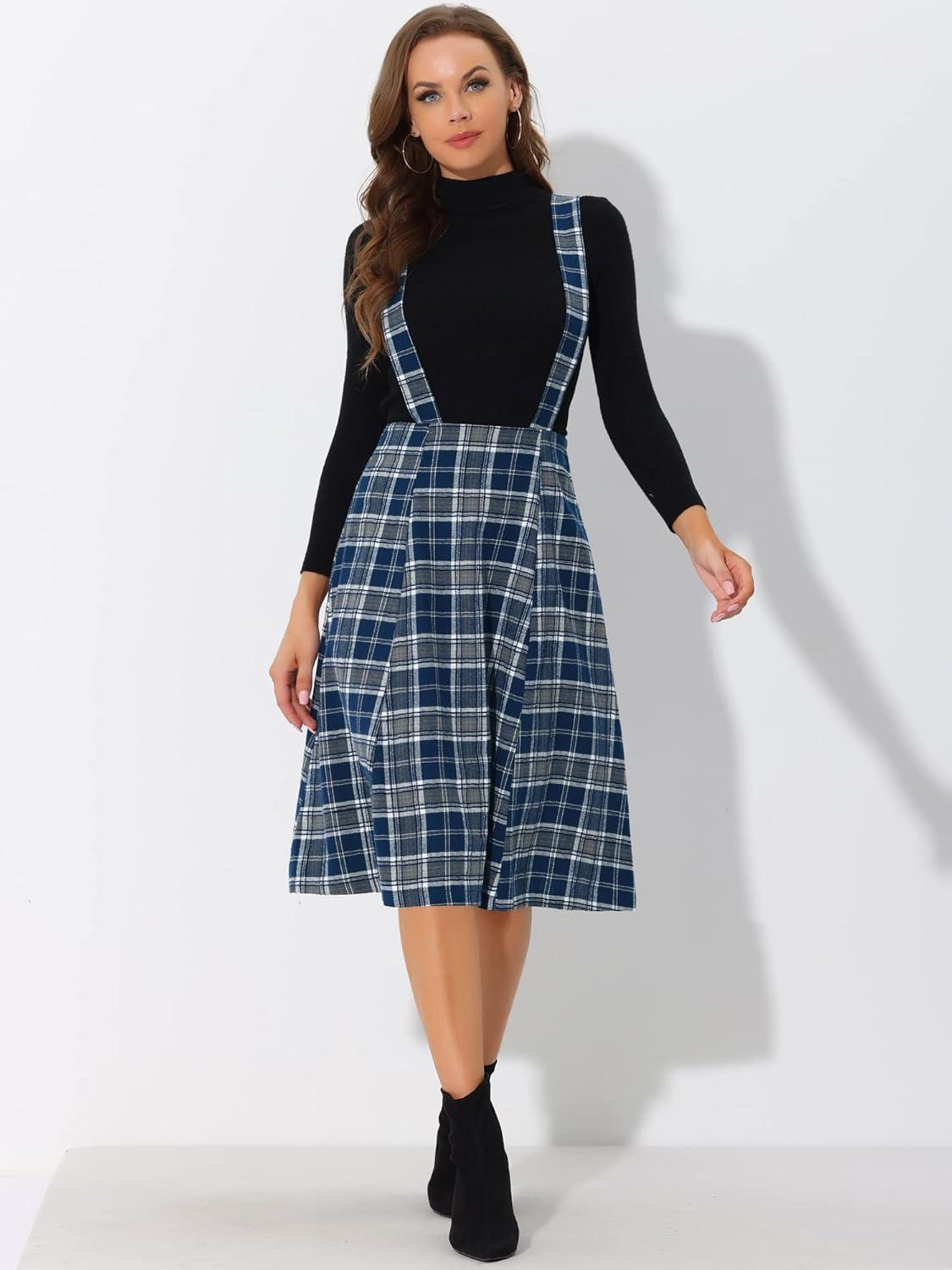imageAllegra K Womens Plaid Suspender Skirts Vintage Tartan High Waist ALine Midi Overall SkirtDark Blue
