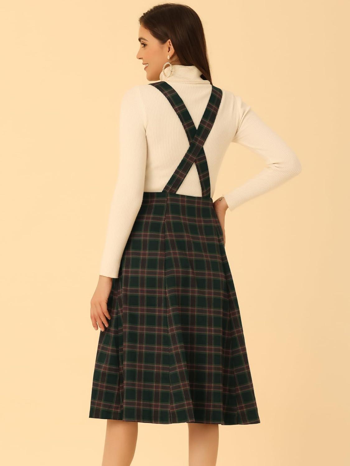 imageAllegra K Womens Plaid Suspender Skirts Vintage Tartan High Waist ALine Midi Overall SkirtDark Green