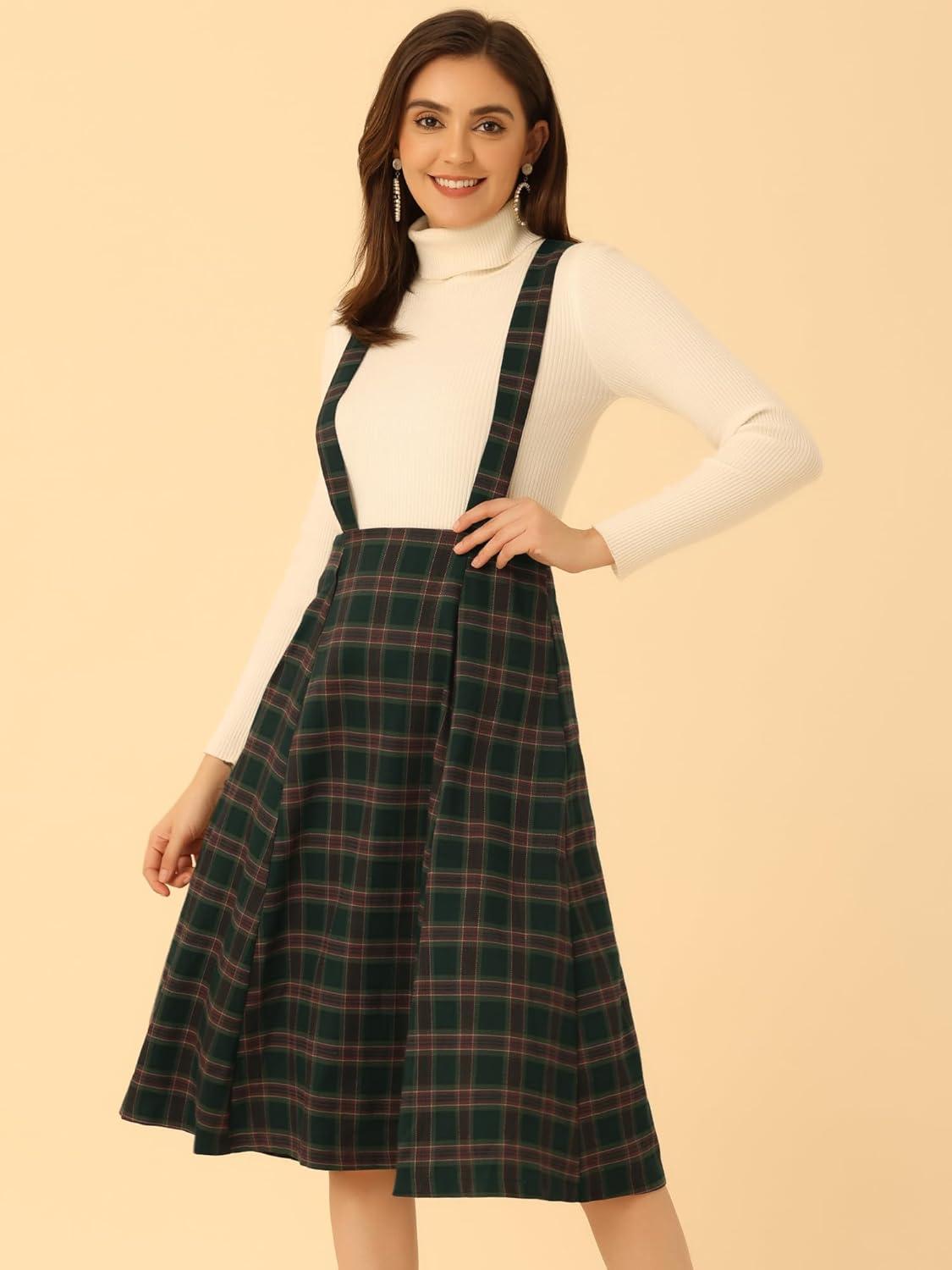 imageAllegra K Womens Plaid Suspender Skirts Vintage Tartan High Waist ALine Midi Overall SkirtDark Green
