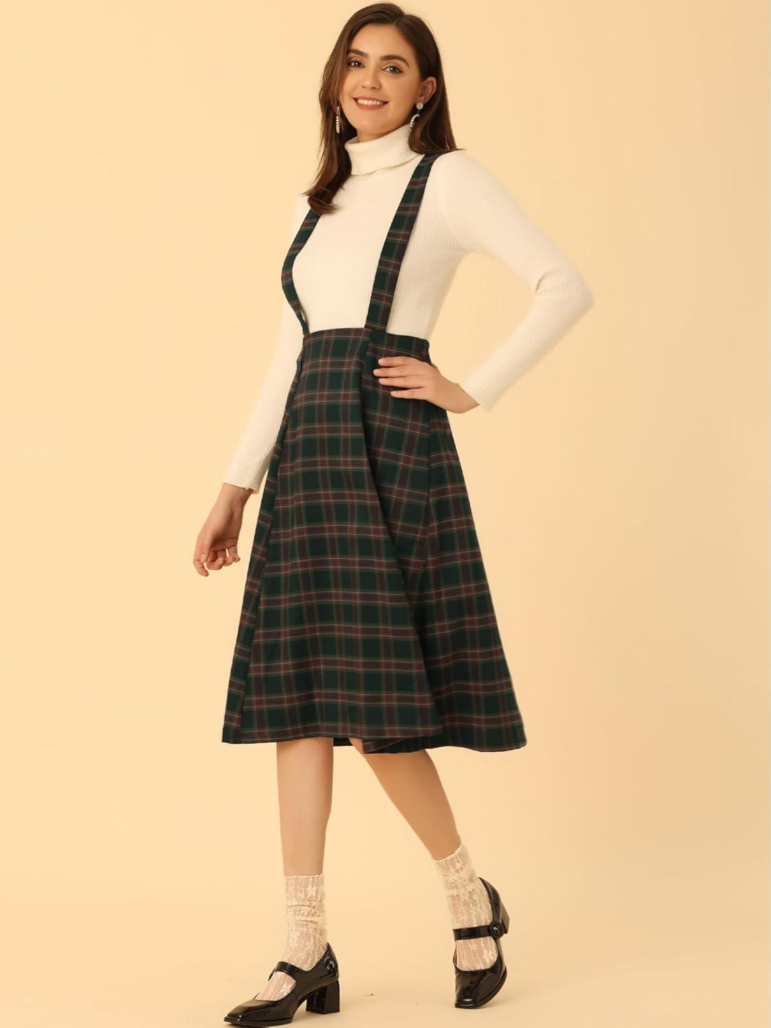 imageAllegra K Womens Plaid Suspender Skirts Vintage Tartan High Waist ALine Midi Overall SkirtDark Green