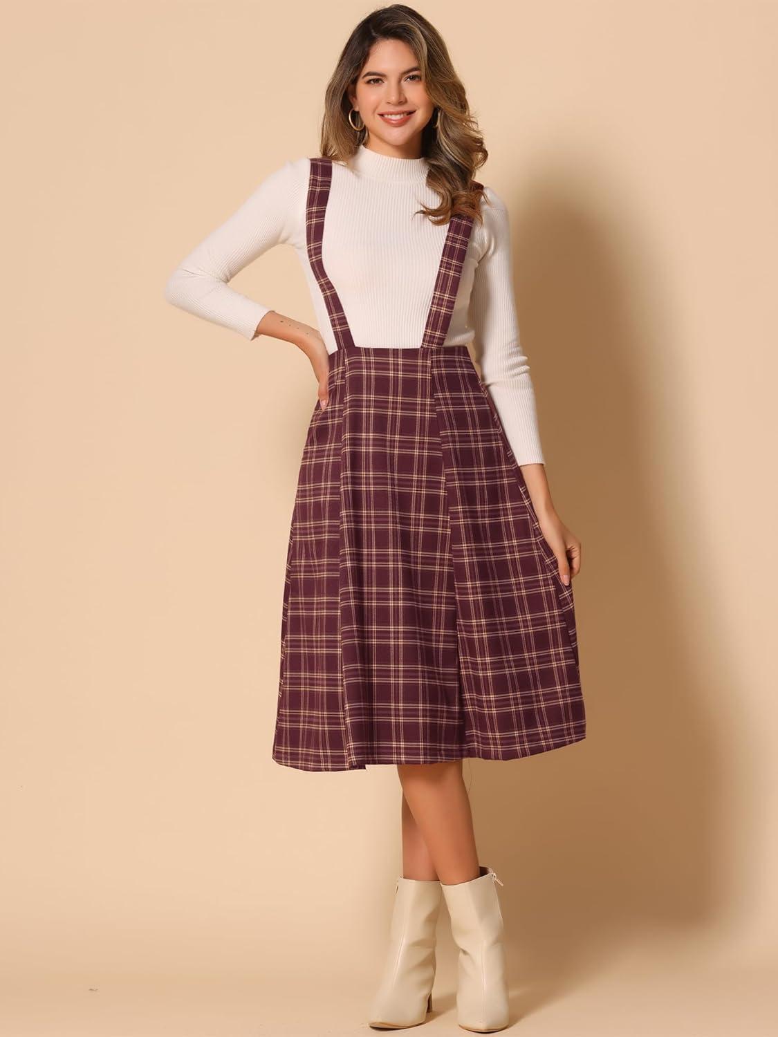 imageAllegra K Womens Plaid Suspender Skirts Vintage Tartan High Waist ALine Midi Overall SkirtDark Red