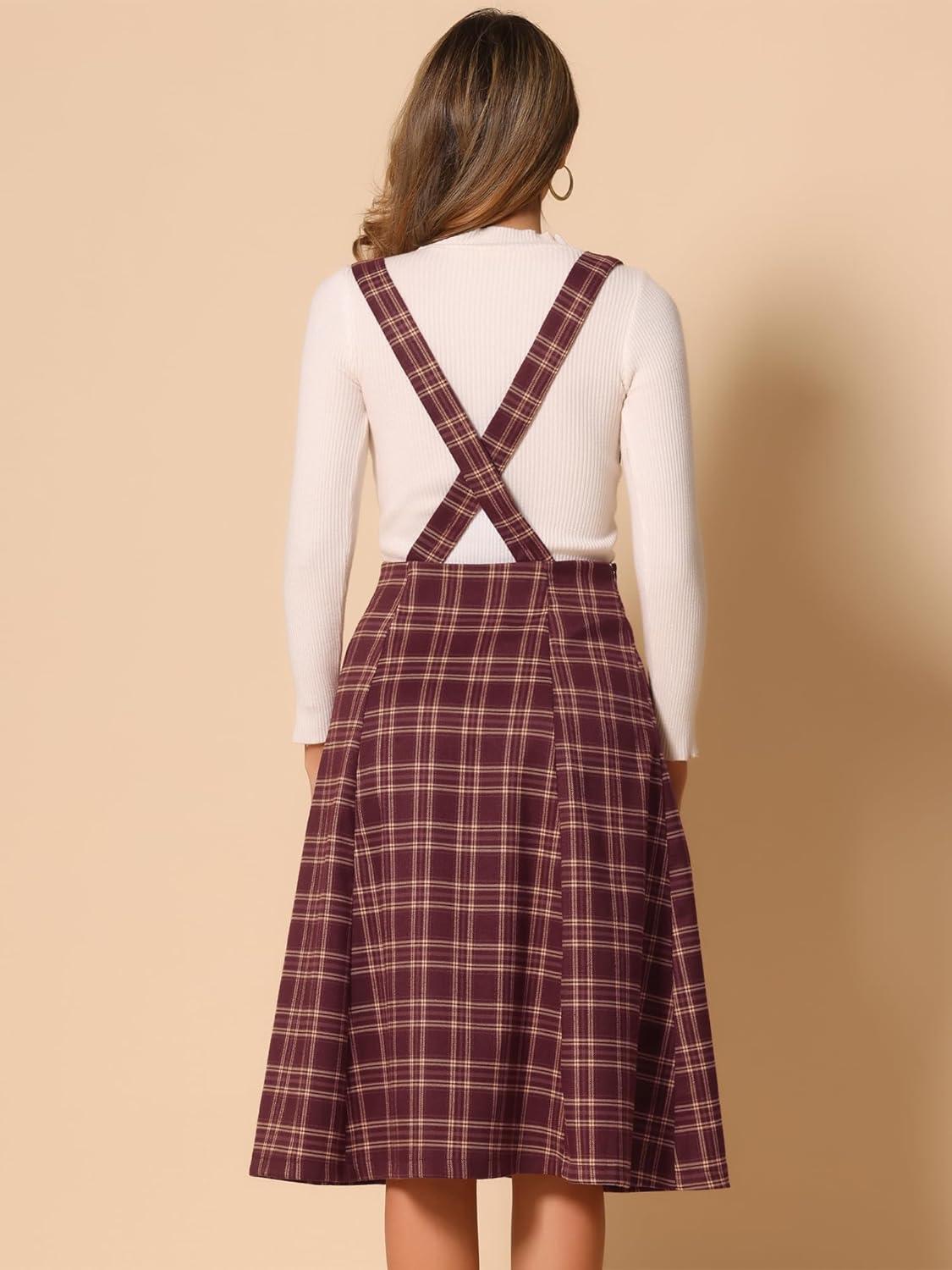imageAllegra K Womens Plaid Suspender Skirts Vintage Tartan High Waist ALine Midi Overall SkirtDark Red