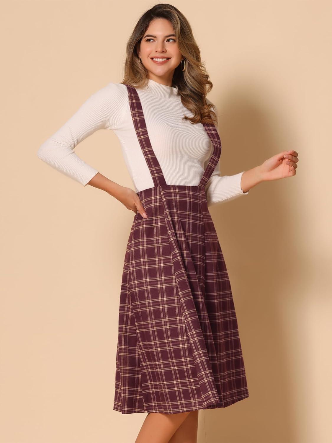 imageAllegra K Womens Plaid Suspender Skirts Vintage Tartan High Waist ALine Midi Overall SkirtDark Red
