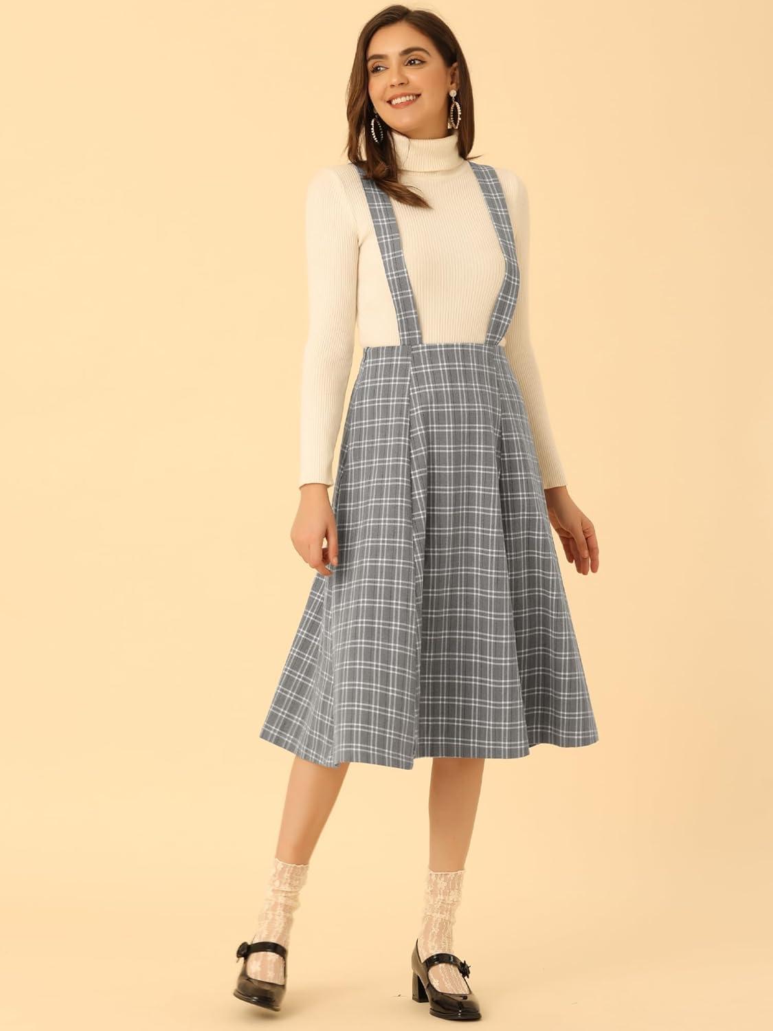 imageAllegra K Womens Plaid Suspender Skirts Vintage Tartan High Waist ALine Midi Overall SkirtGrey